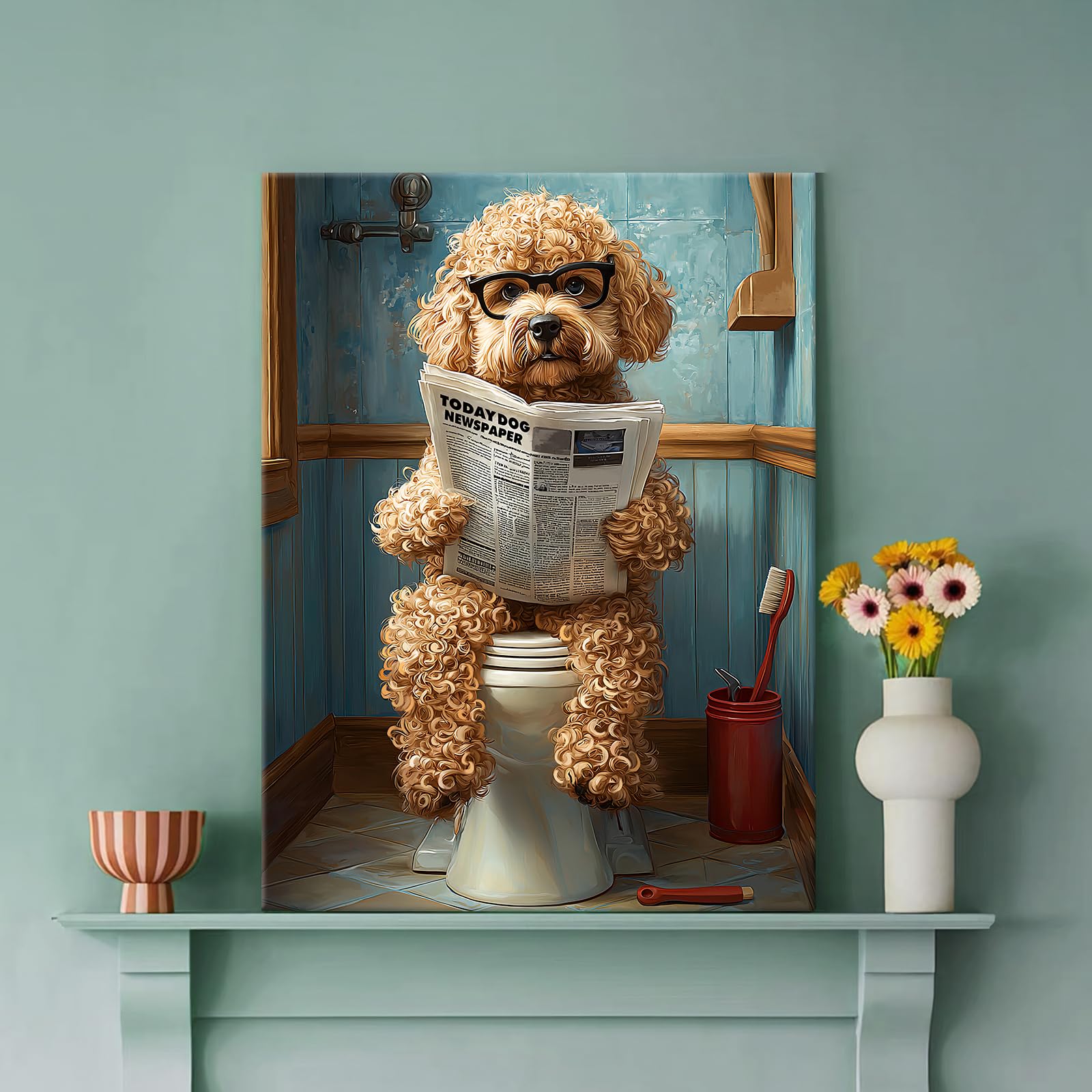 Funny Bathroom Canvas Wall Art Brown Poodle On Toilet Readin -4 Funny Bathroom Canvas Wall Art Brown Poodle On Toilet Readin -4