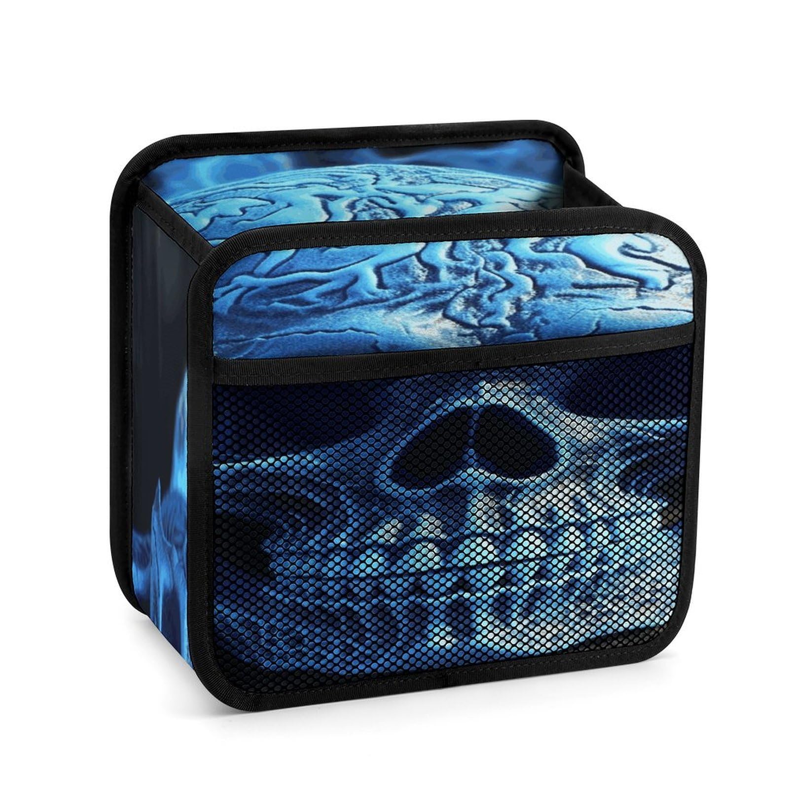 Btcowzrv Style 3D Print Blue Skull Car Seat Back Organizer, Pu Leather Hanging Backseat Car Organizer With Elastic Mesh Pocket, Storage Bag For Most Vehicles