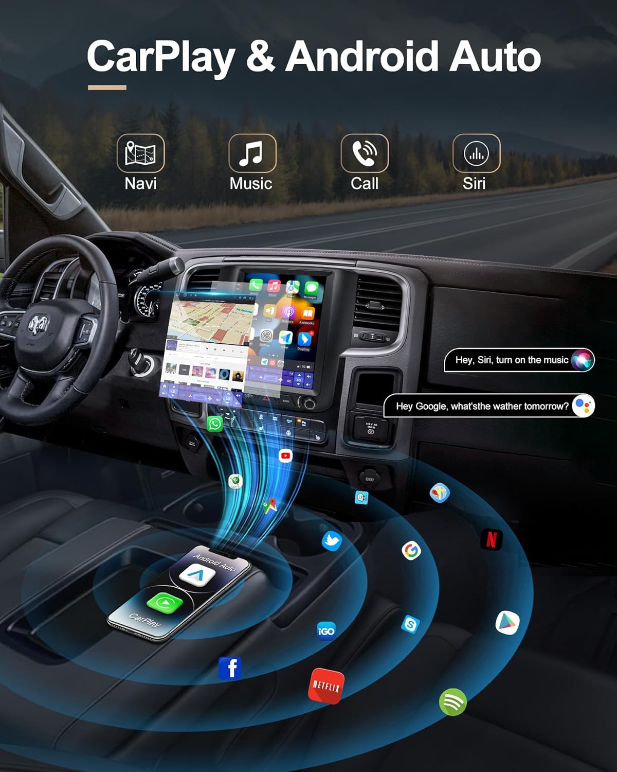 9.7" Car Radio Upgrade for Dodge Ram 2013-2018 1500 2500 3500,Wireless CarPlay Android Auto,Android 13 Head Unit with WiFi SWC GPS 1080P Backup Camera 4+64GB