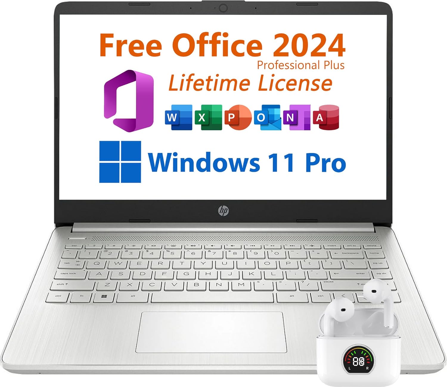 HP 14" Laptop, Free Microsoft Office 2024, Intel 4-Core Processor 2.6 GHz, 11 Hours Battery Life, 8GB RAM, 128GB eMMC Storage + 128GB Micro SD Card, USB-C, Windows 11 Pro, Toree Wireless Earbuds