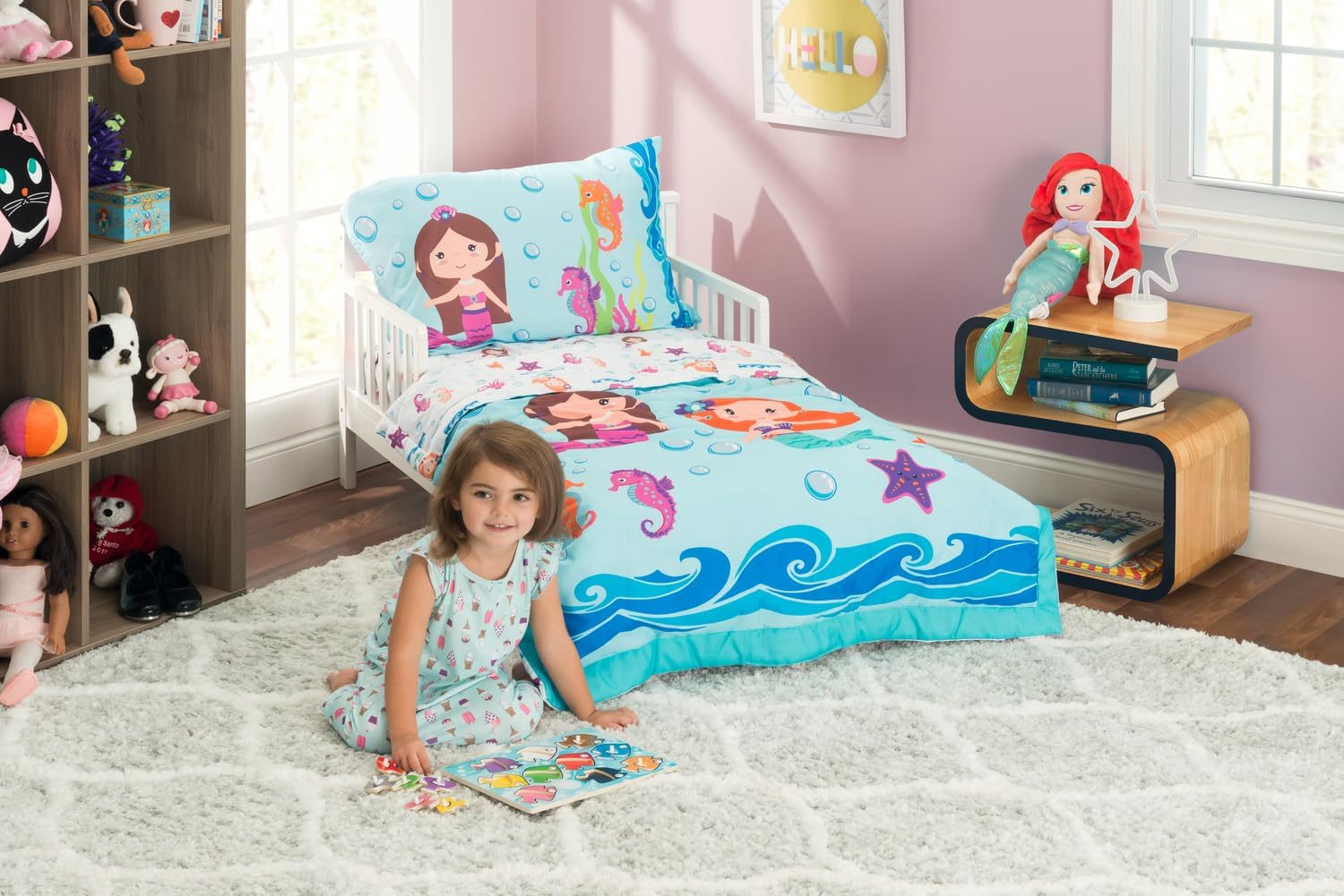 4 Piece Toddler Bedding Set -Undersea Mermaids Adventure- Includes Comforter, Flat Sheet, Fitted Sheet and Reversible Pillowcase
