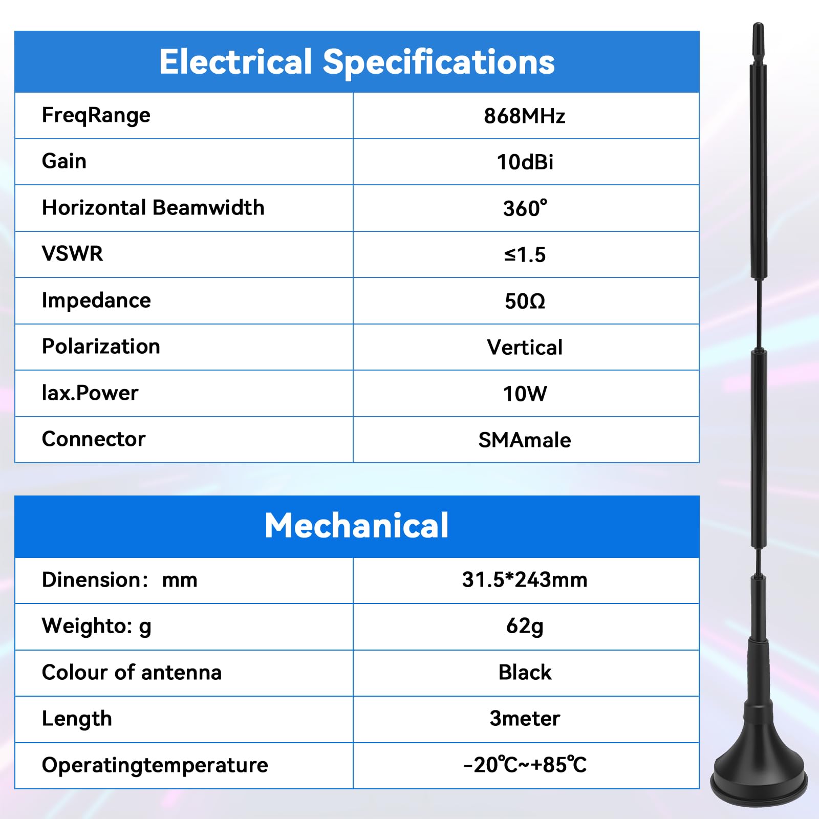 Meshnology 2 unidades Meshtastic 868 MHz Lora Antenna 10dBi Gain Outdoor Long Range Magnetic Base Antenna 29 cm Omni SMA macho para placa de desarrollo ESP32 LoRa V3 y V4 módulo LoRa con cable de — view 5