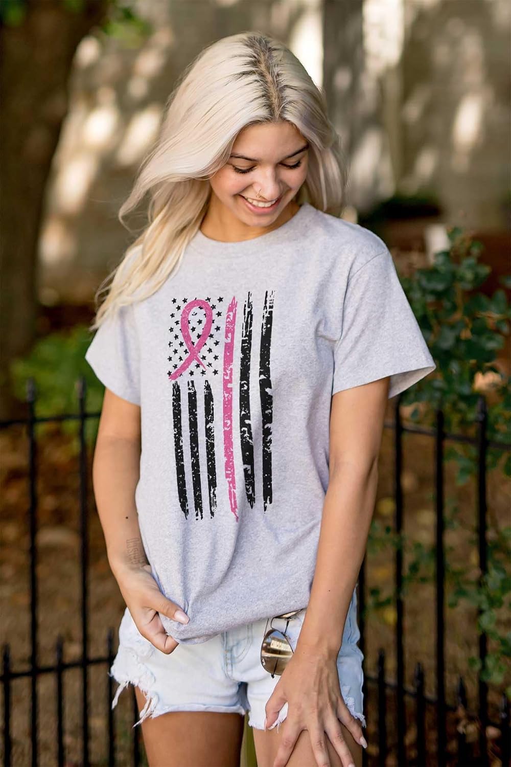 Breast Cancer Pink Line American Flag Graphic T Shirt Men or Women