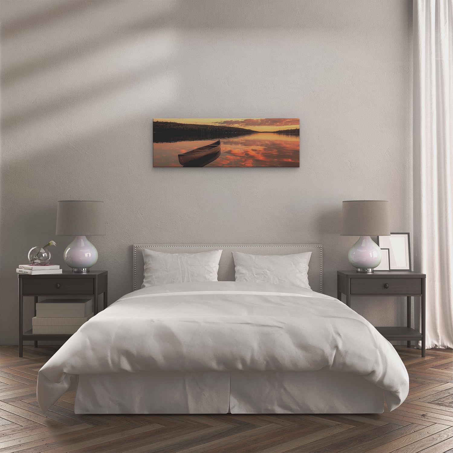 Artaza Leinwand Bilder Sonnenuntergang Am See - 120x40 cm - Groß XXL - Wanddeko Kanu - Wandbilder Meer - Deko Wohnzimmer