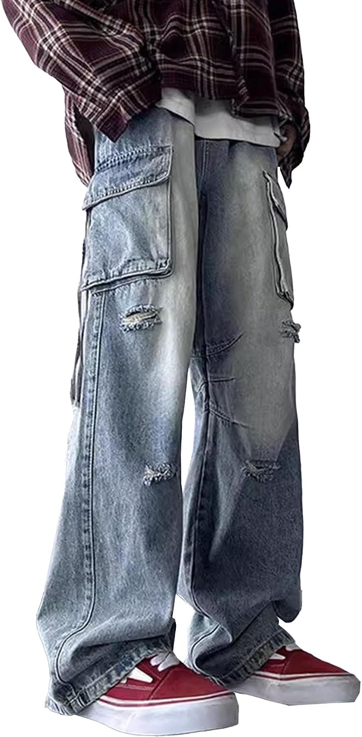 Men's Wide-Legs Holes Multiple Pockets Jeans Baggy Vintage Washed Cargo Denim Trousers Loose Hip Hop Work Denim Pants