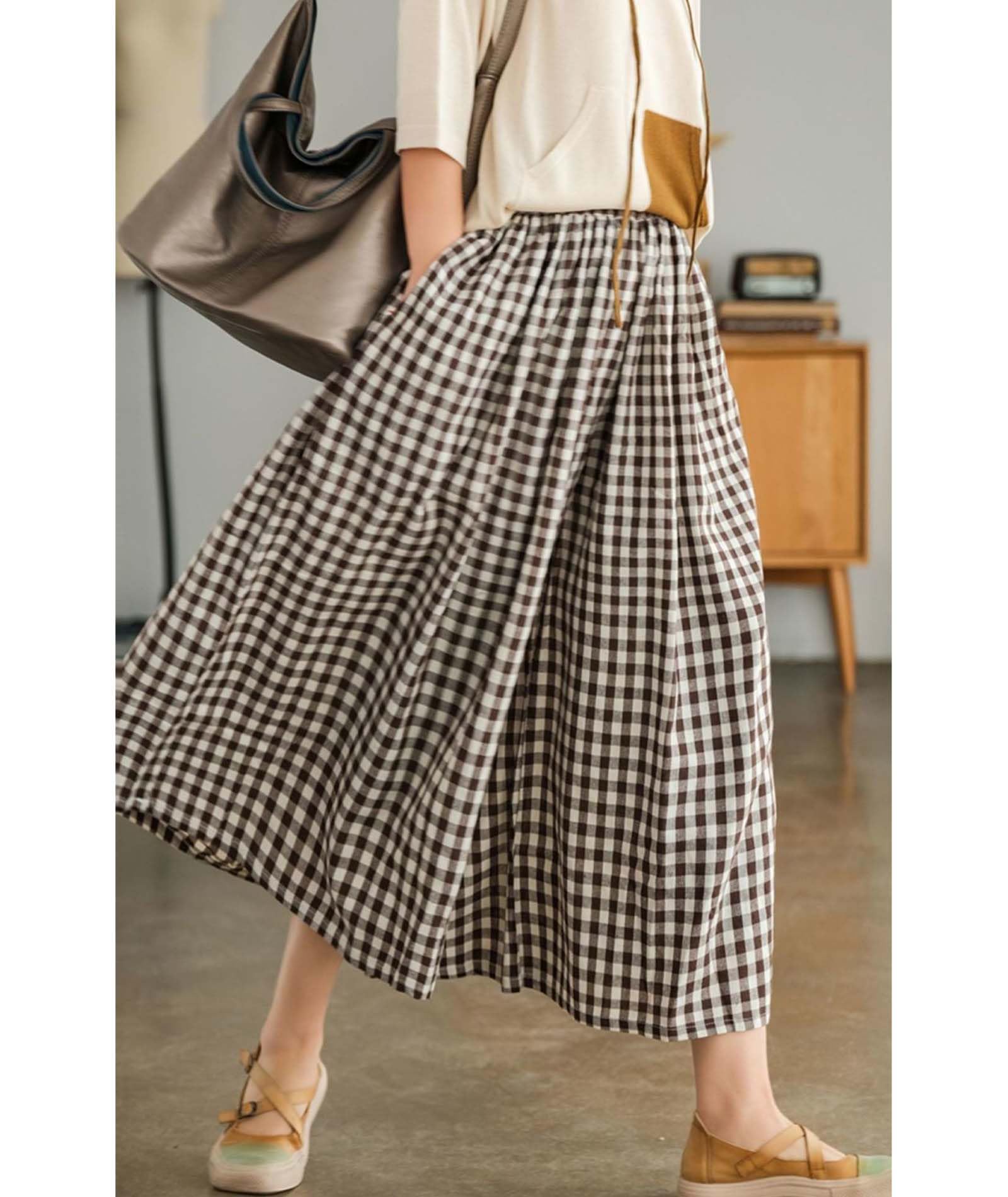 SOMTHRON Pantalon d'été en coton et lin pour femme - Coupe large - Taille élastique - Carreaux vichy - Pantacourt Palazzo