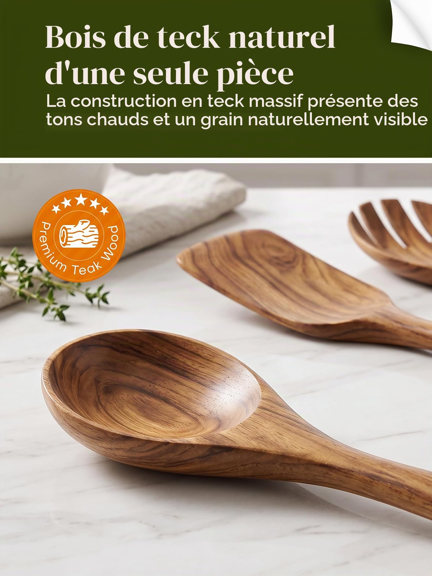 Ensemble d'ustensiles de cuisine avec support, ustensiles de cuisine en bois pour la cuisine, ustensiles en bois de teck naturel pour la cuisine, ensemble d'ustensiles de cuisine en bois avec spatule