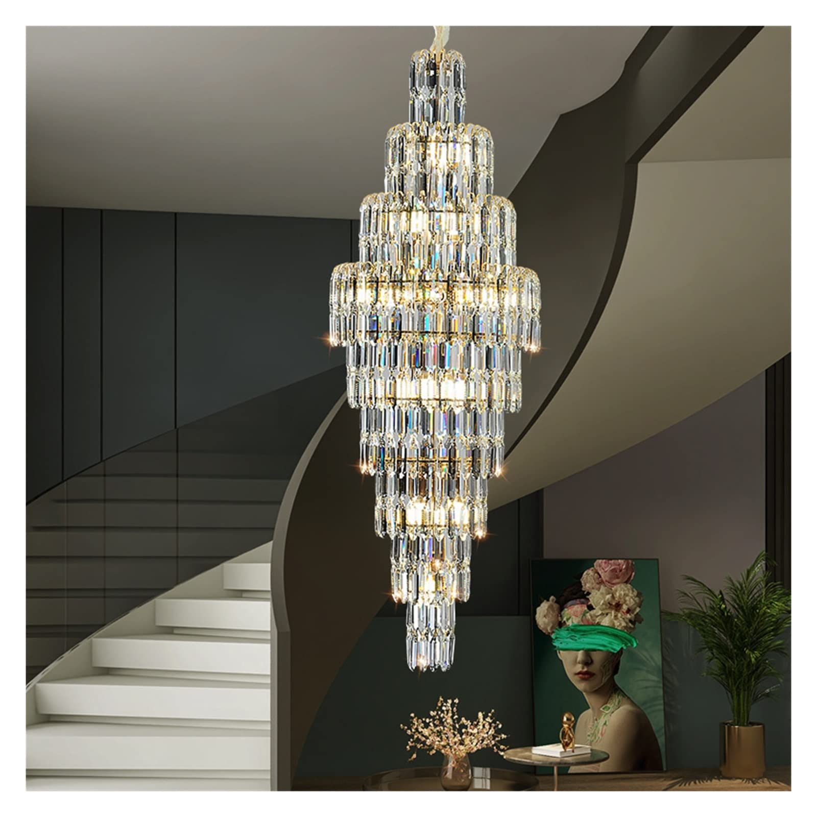 ASHES Ceiling Pendant Light, Chandeliers Light Luxury Crystal Chandelier LED Staircase Light Villa Simple Living Room Light Building Middle Floor Crystal Light (Size : D60CM*H180CM), KUYI-616