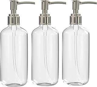 BPA-Free Refillable Clear Soap Dispenser Bottles with Pump - 16oz Boston Round 3-Pack for Hand Soap, Lotion, Shampoo, Kitchen & Bath