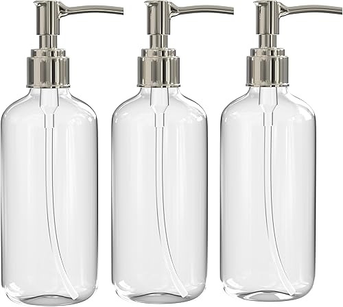 Botellas dispensadoras de jabón de plástico transparente, paquete de 3, 16 onzas, dispensadores de jabón de manos recargables para baño o cocina,