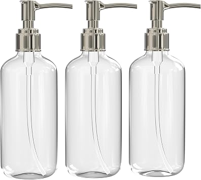 Refillable Clear Soap Dispenser Bottles with Pump, 16 oz (3 Pack) | BPA-Free Plastic Boston Round Containers for Hand Soap, L