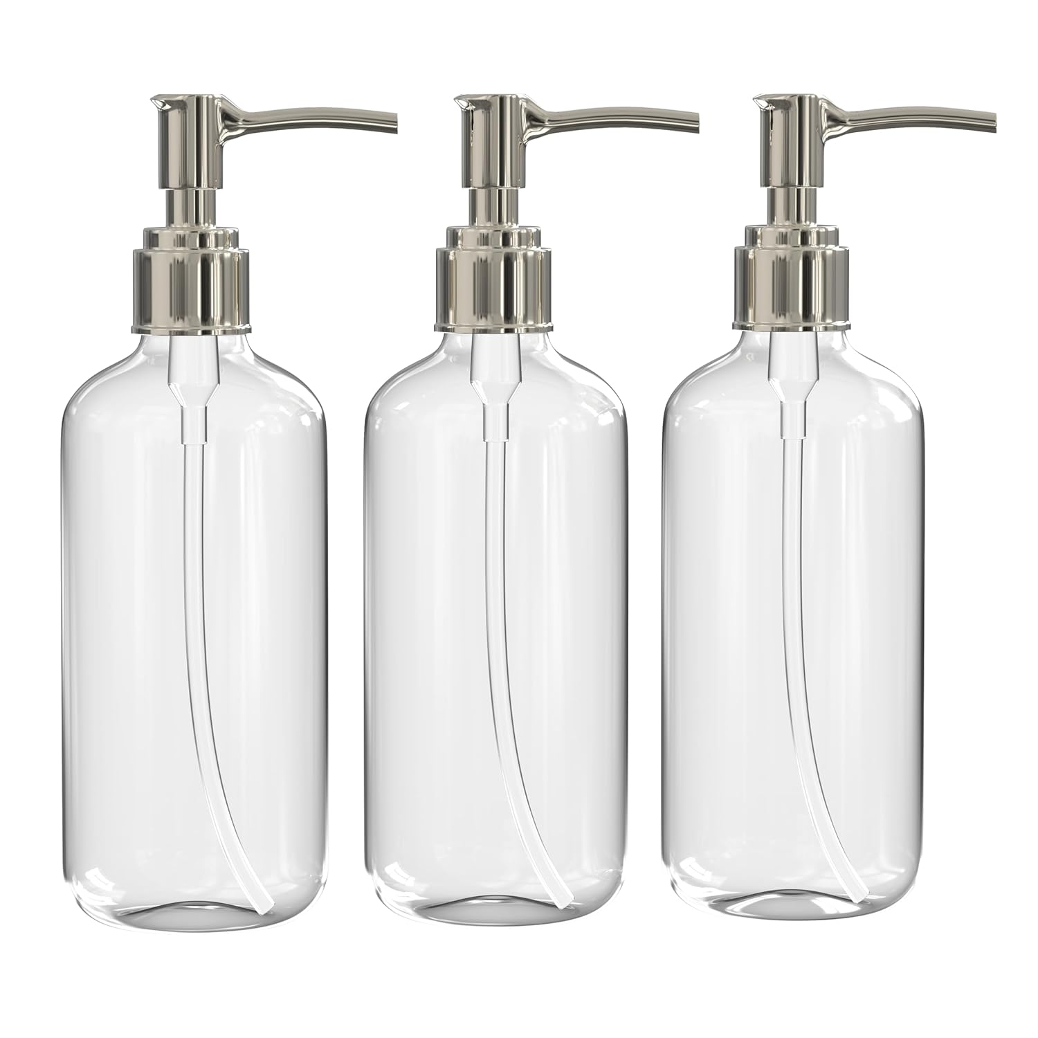 Refillable Clear Soap Dispenser Bottles with Pump 16 oz 3 Pack BPA-Free Plastic Boston Round Containers for Hand