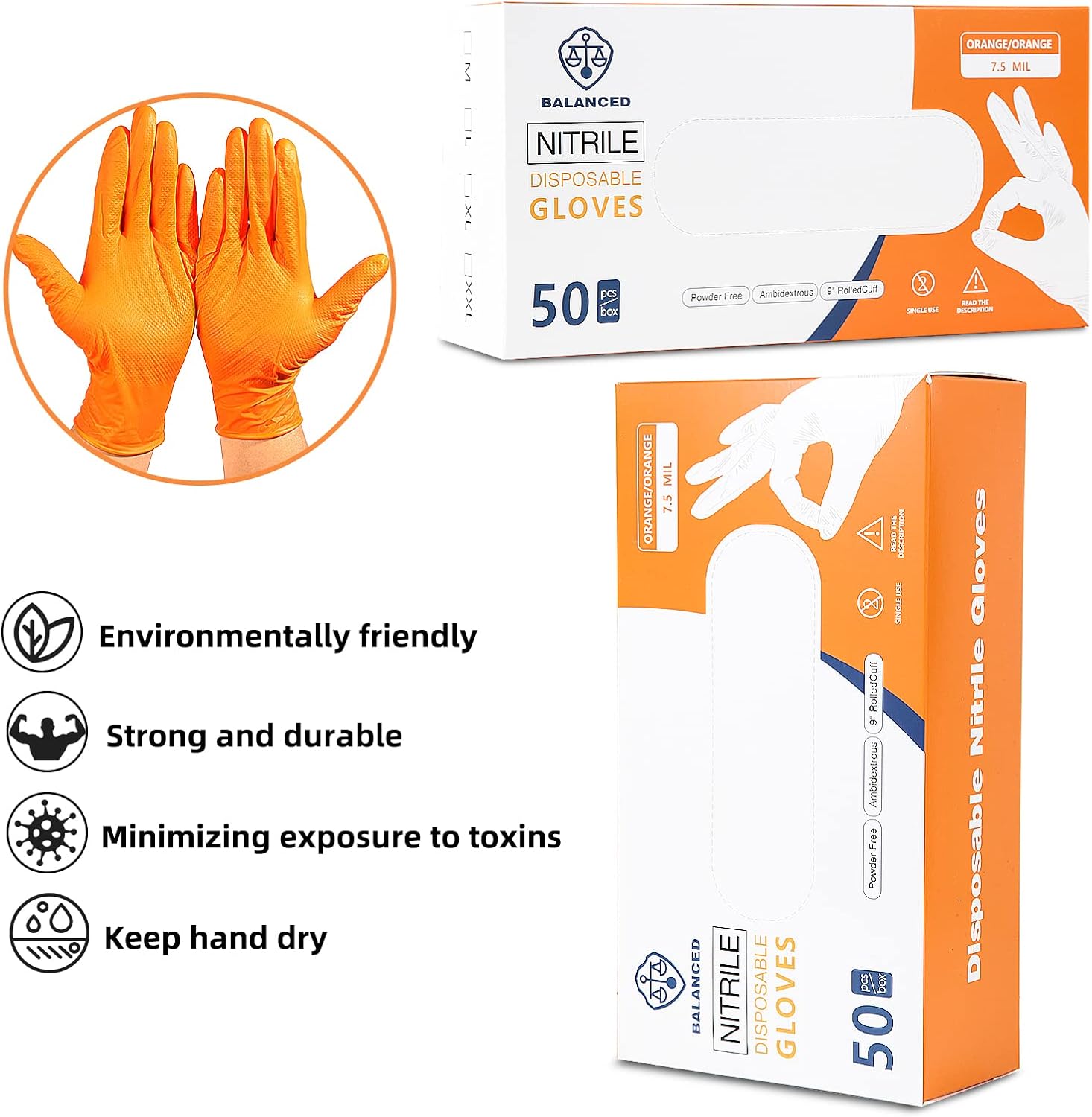 LOGO Orange Disposable Nitrile Gloves-7.5mil Grip Diamond Textured heavy duty automotive mechanic compostable (50pcs/box)
