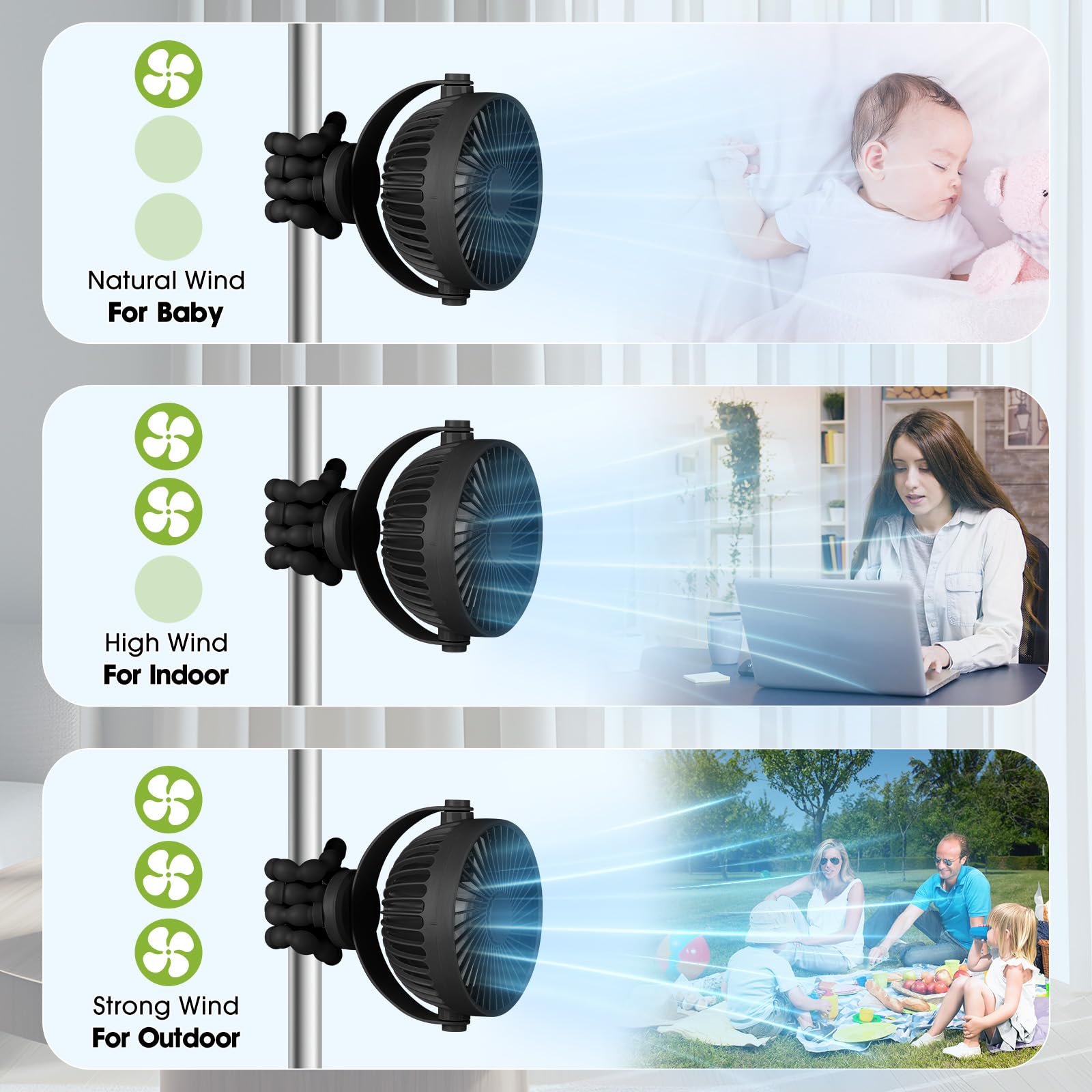 POPERFUN Kinderwagen-Ventilatoren 5200 mAh 40H, Stroller Fan Akkulaufzeit Clip Ventilator, 360° Abnehmbare 3 Geschwindigkeiten wiederaufladbarer USB-Ventilator,Reisen, Autositz, Büro (Schwarz)