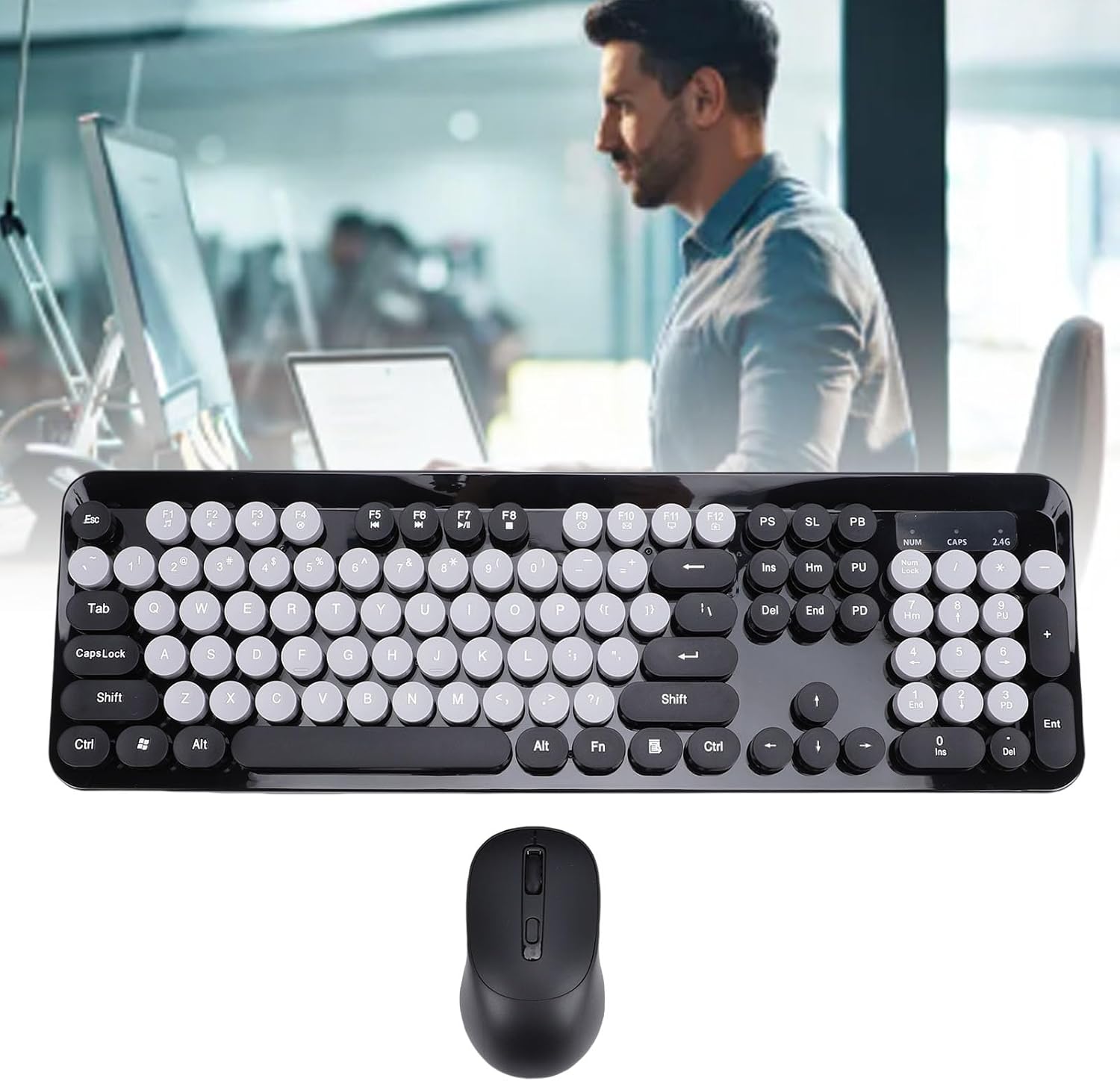 Wireless Keyboard and Mouse Combo, 2.4GHz Plug and Play with Retro Typewriter Style Round Keycaps, 104 Keys with Numeric Pad, for PC Laptop Desktop (Black)
