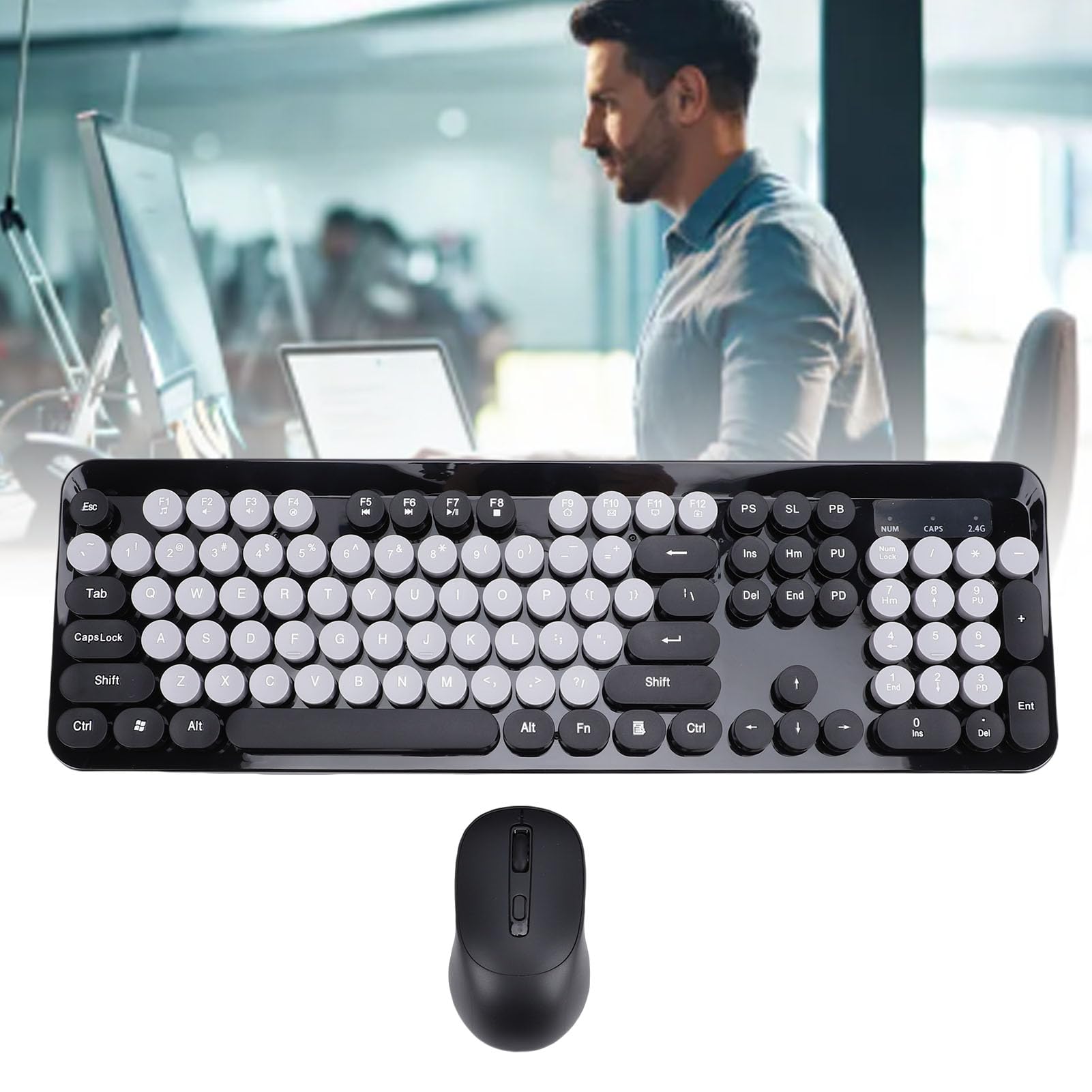Luocute Combinazione Tastiera e Mouse Wireless, 104 Tasti in Stile retrò Carino Macchina da Scrivere con Tastierino Numerico e Mouse Silenzioso, per PC Portatile Desktop (BLACK)