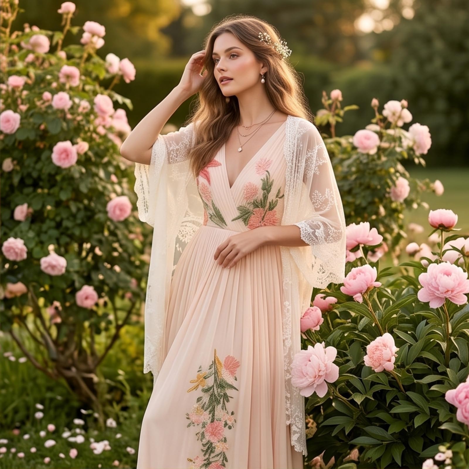 Maxikleid Damen Wickelkleid Chiffon V Ausschnitt Blumenmuster