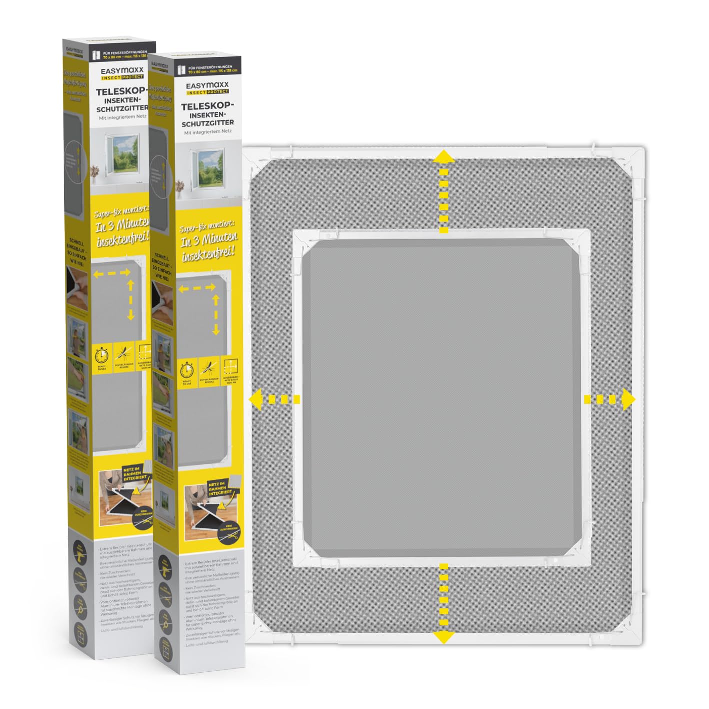 EASYmaxx Insect Protect | Teleskop-Insektenschutzgitter | Fliegengitter Fenster | mit vormontierten Rahmen | ausziehbarer Insektenschutz | integriertes Netz | weiß | 2er-Set