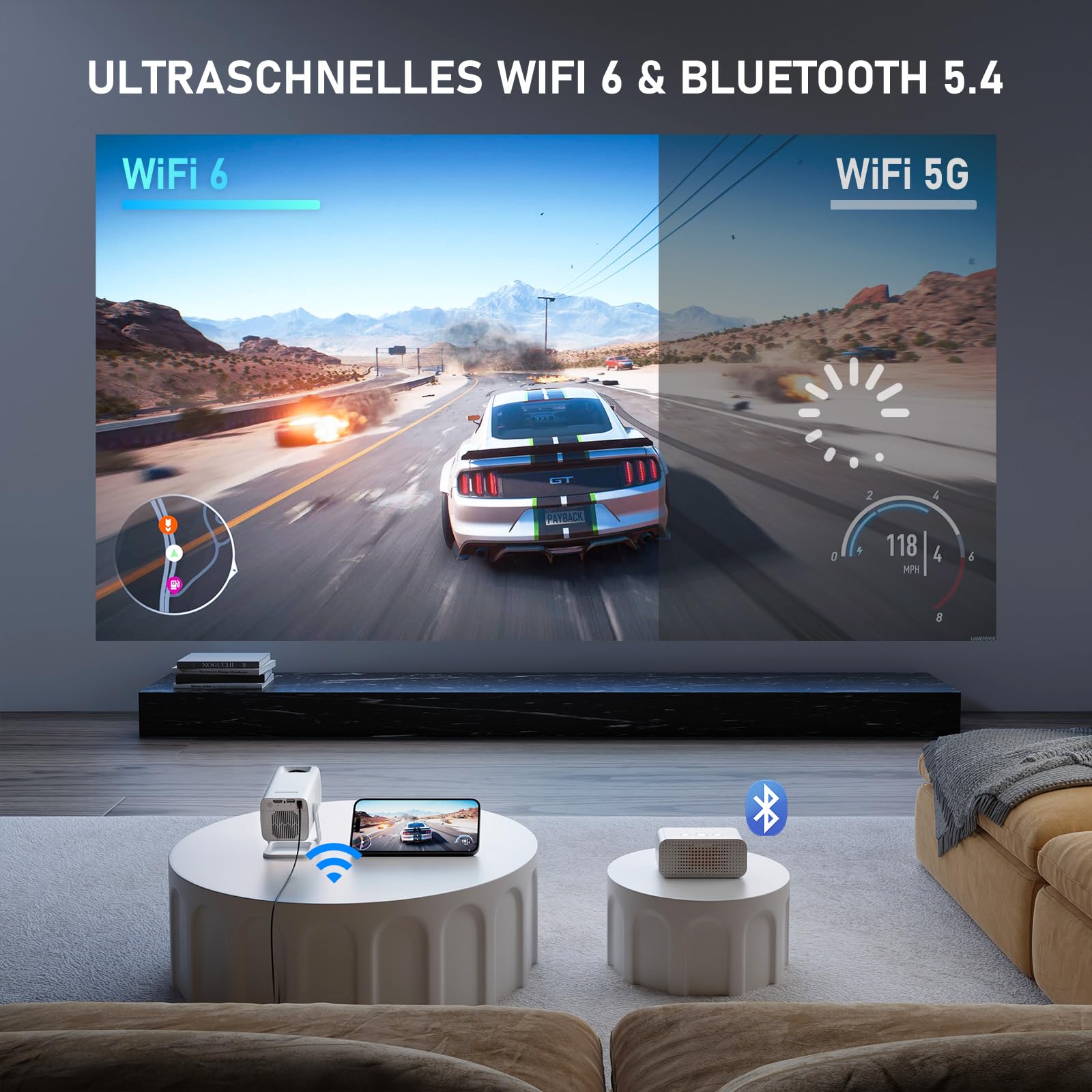 [Mini Beamer & Offizielle Lizenzierte App] XuanPad Weiß Smart Beamer 4K Unterstützung 25000 Lumen mit WiFi und Bluetooth, Tragbarer Native 1080P Outdoor Projektor mit 360° Ständer
