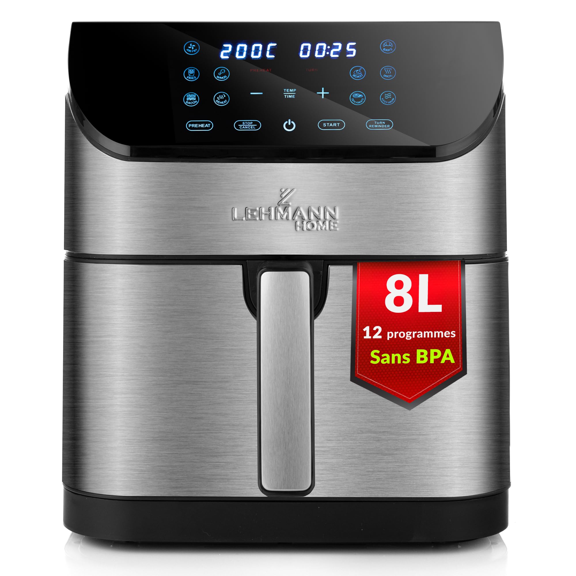 LEHMANN Air Fryer XXL 8L avec Compartiment Flexible Dual Zone, 12 programmes, Réglage de la Température 76-200 °C, Écran Tactile LED, Revêtement Antiadhésif, 90% de Matières Grasses en Moins