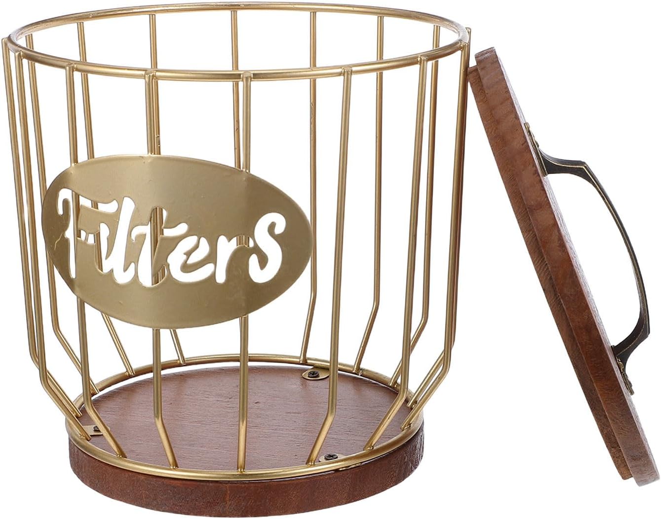 Rustic Gold Iron Mesh Wire Basket with Wood Lid for Desks