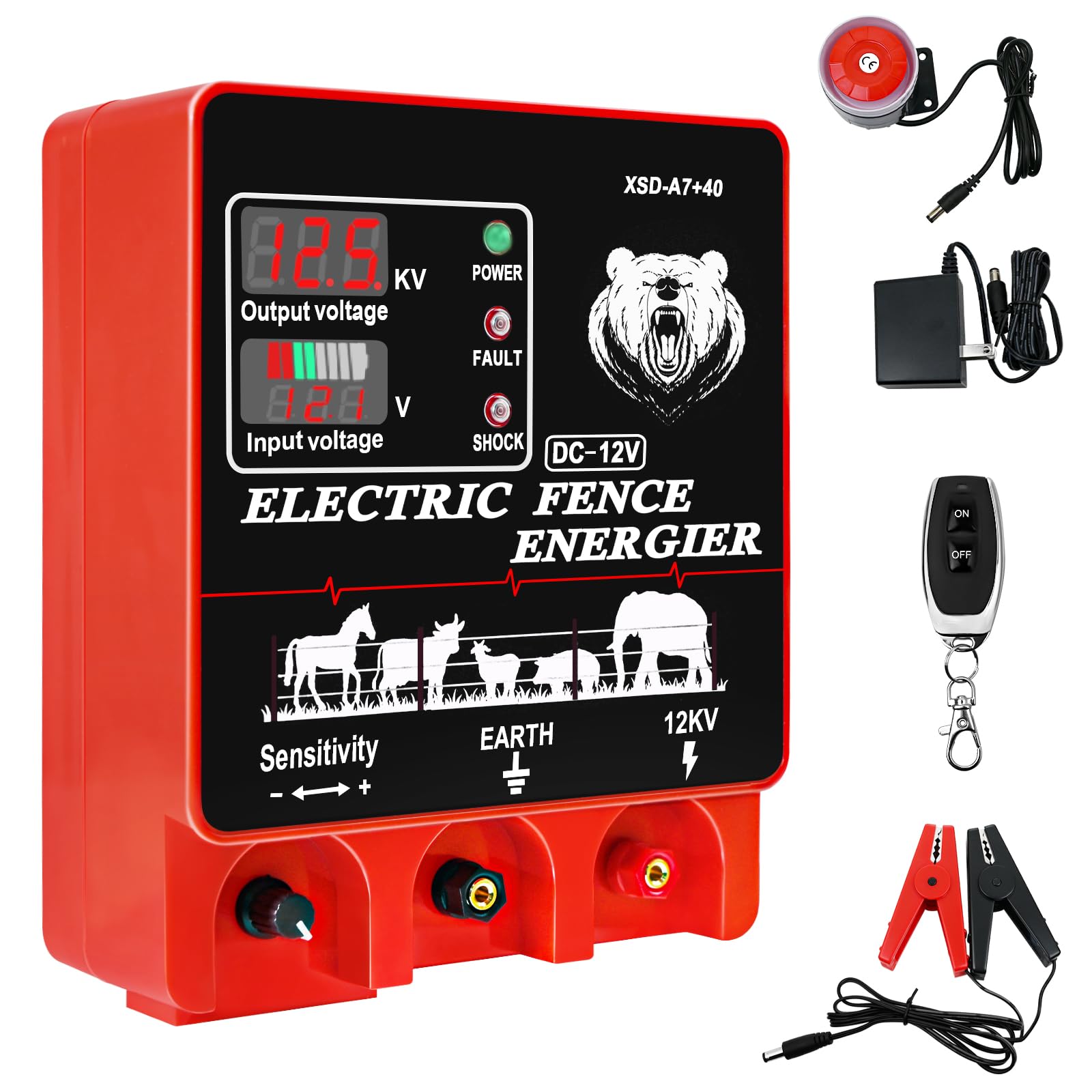 9J Electric Fence Charger Energizer, 9 Joules 20 Miles, AC DC 2 in 1 Powered Supply, Input 12V Output 12KV, with Display Alarm and Remote, Deter Predators, Contain Cattle Cow and Livestock