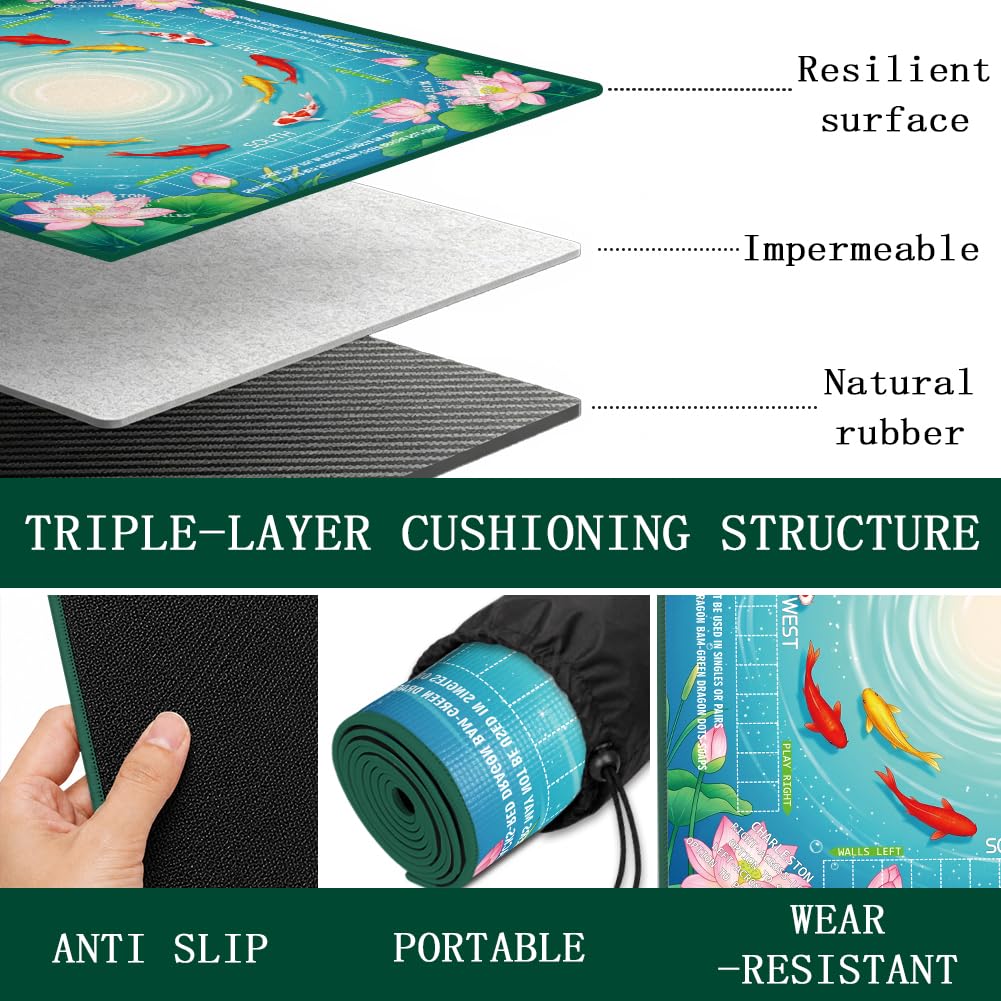 FINGERINSPIRE Tappetino portatile Mahjong con motivo pesce loto, con borsa per il trasporto, 80 x 80 cm, antiscivolo, antirumore, in stile cinese, adatto per giochi di carte