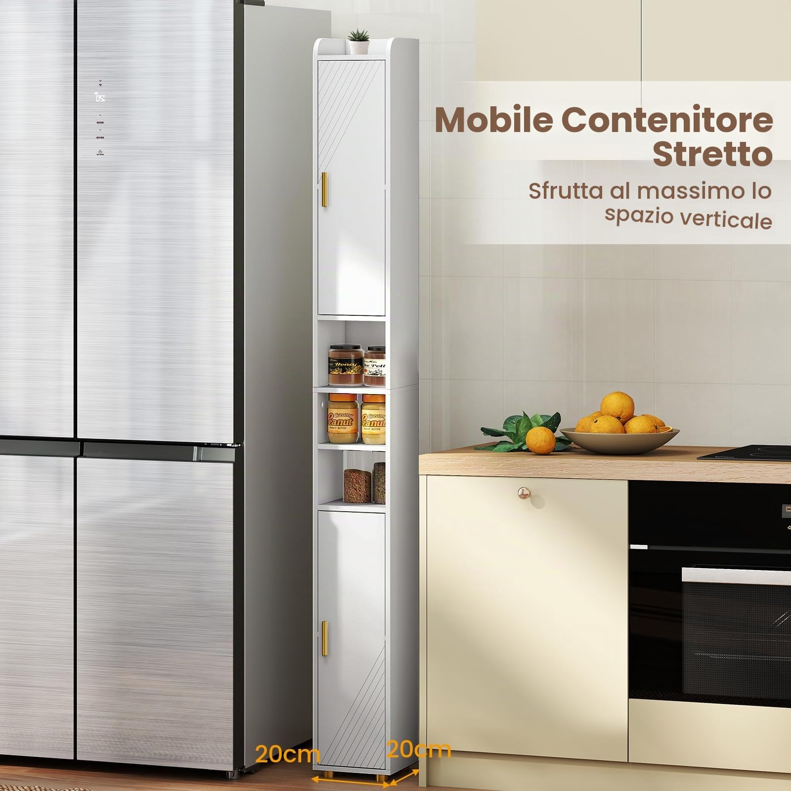 GIANTEX Armadietto da bagno da 179 cm, con 2 ante, 3 ripiani aperti, ganci e porta carta igienica, 20 x 20 cm, per ufficio, cucina e corridoio (3 ripiani, bianco)