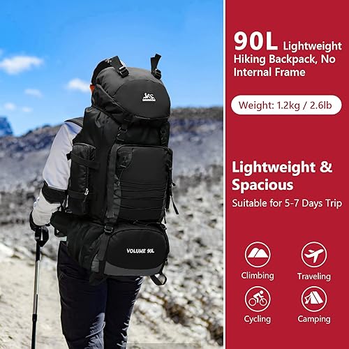 Miniatura 2 de Mochila de senderismo de 90L, bolsa de camping impermeable con cubierta de lluvia, mochila ligera para mochileros, sin marco, Negro -, Mochila de
