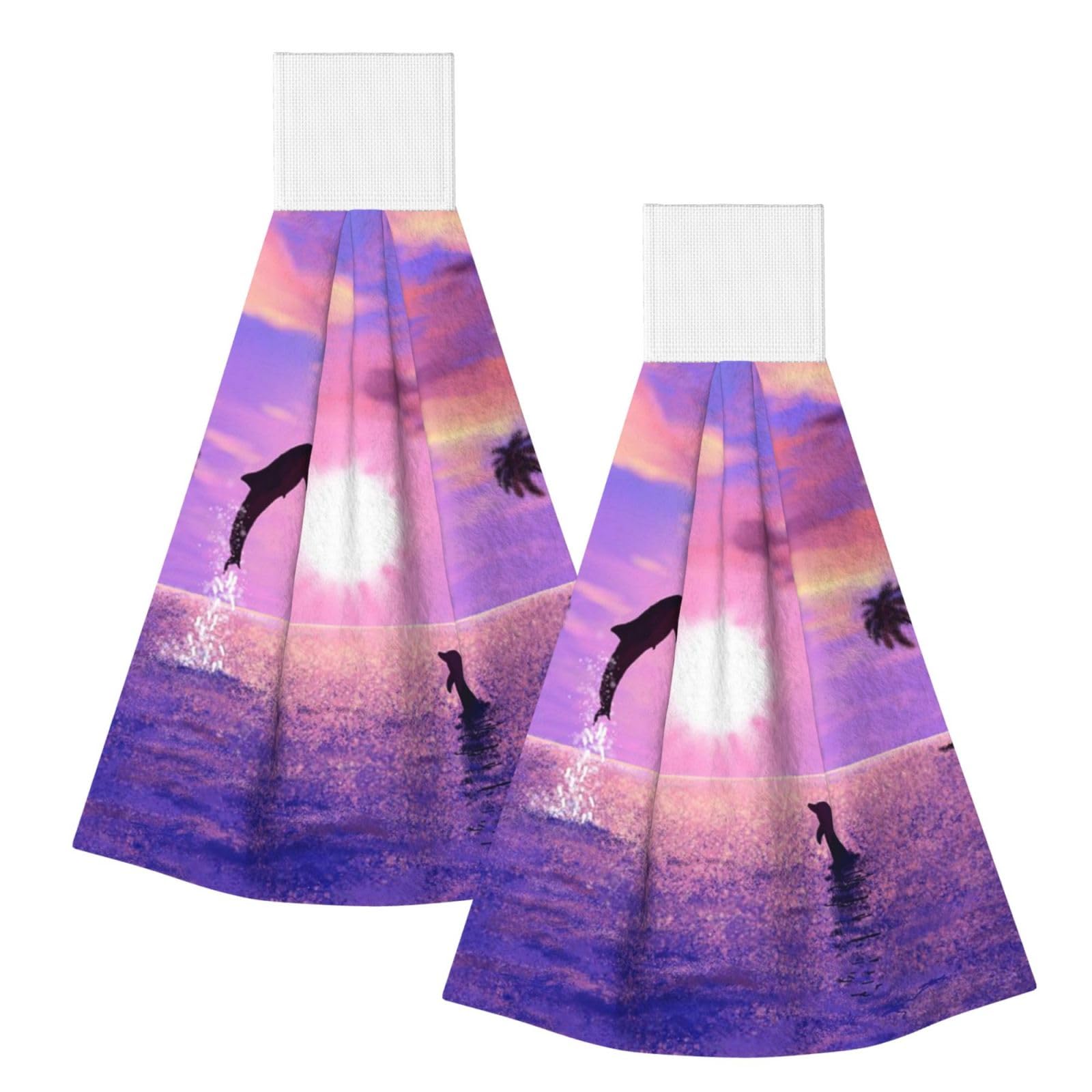 DOPKLNA Sunset Dolphins, 2 Pcs Hanging Coral Fiber Hand Towels for Bathroom, Absorbent Kitchen Towels