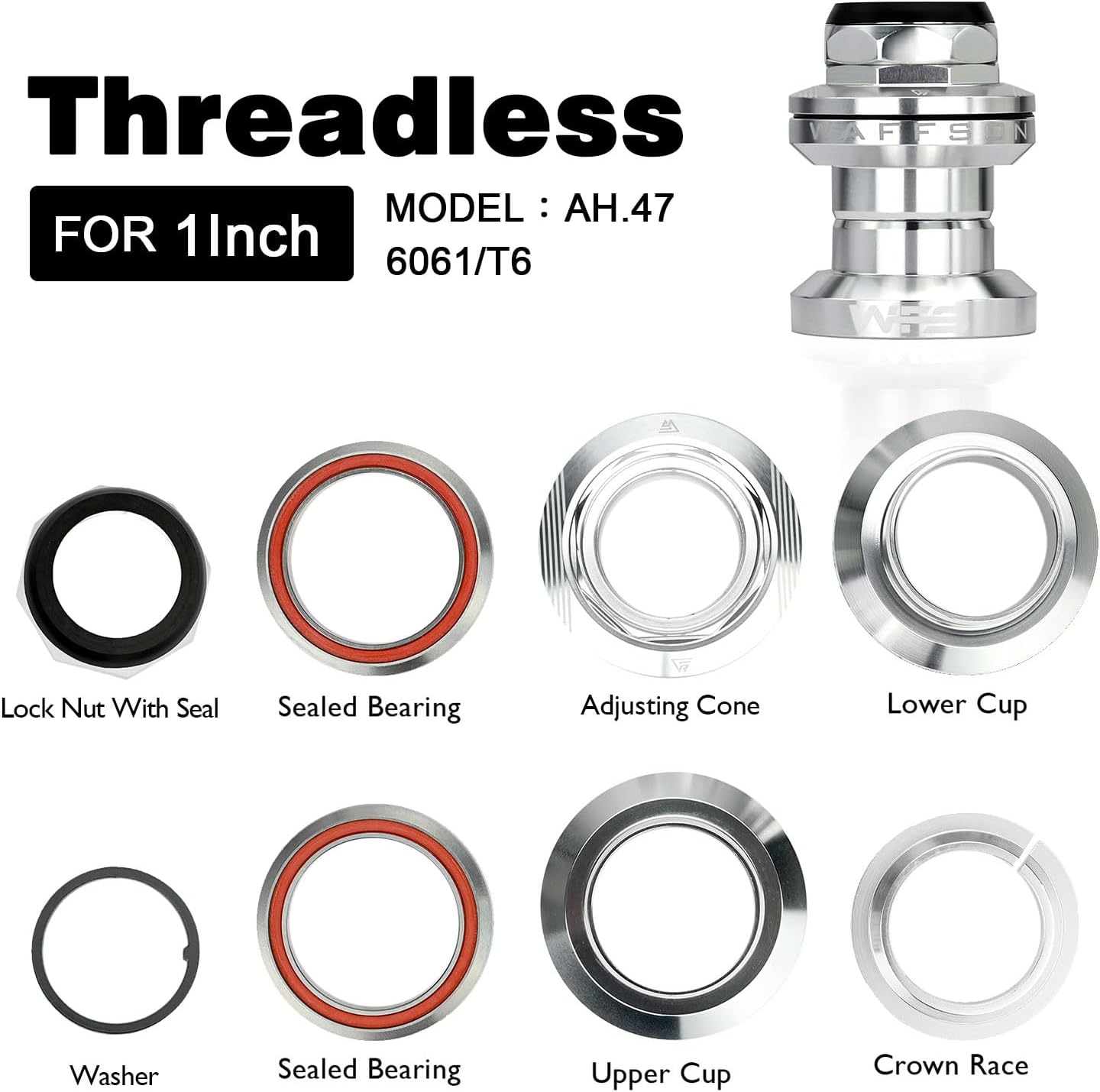 WFS AH.47 1 Inch Threaded Bike Headset for Threaded Steerer Forks and 30mm Head Tube, CNC Aluminum Alloy, Sealed Bearings for Mountain/Road/City Bikes, MTB & BMX