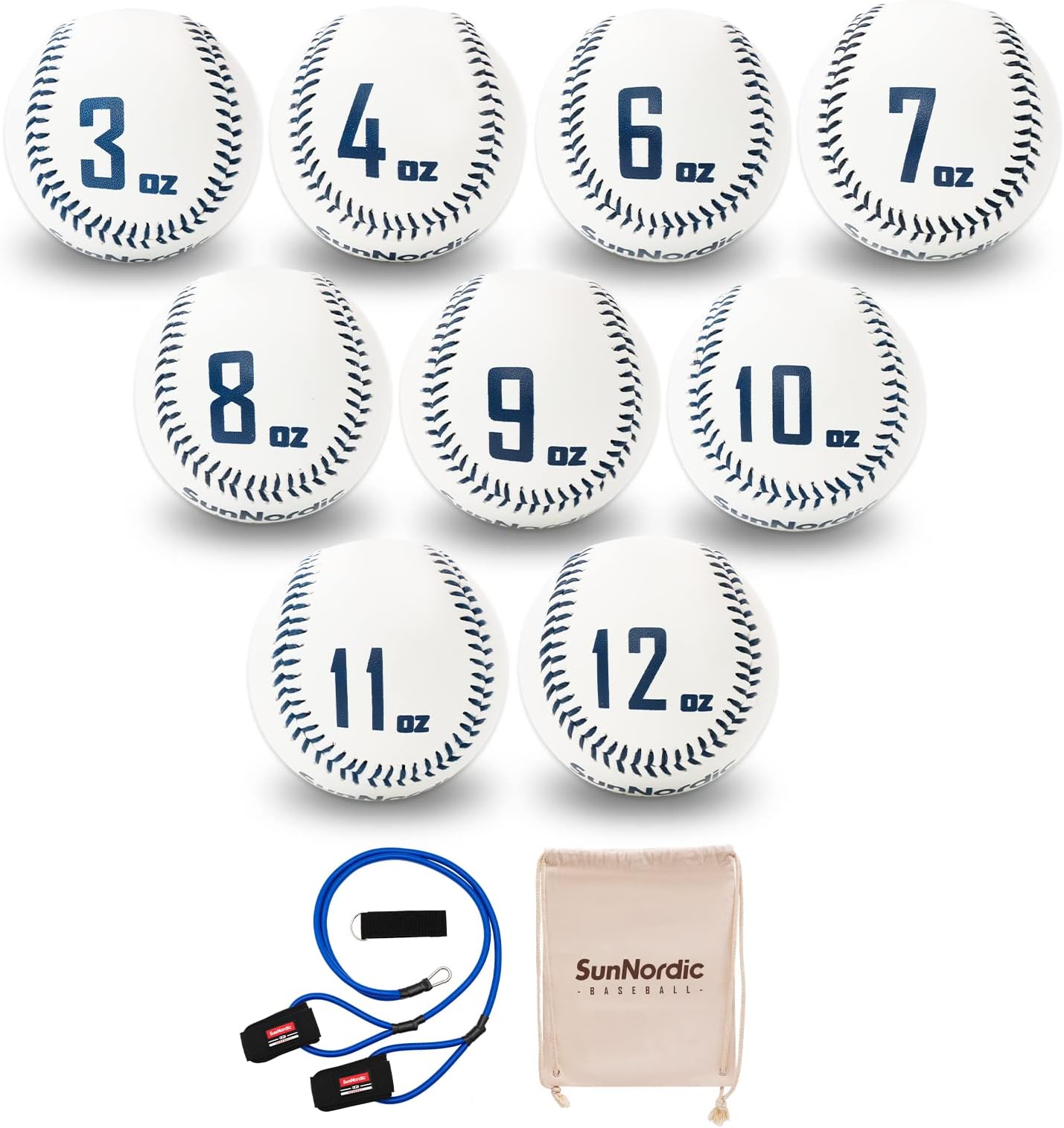 SunNordic Weighted Baseballs Set of 9, Premium Leather Baseball with Resistance Baseball Bands for Improved Power & Pitching Training - for All Skill Levels