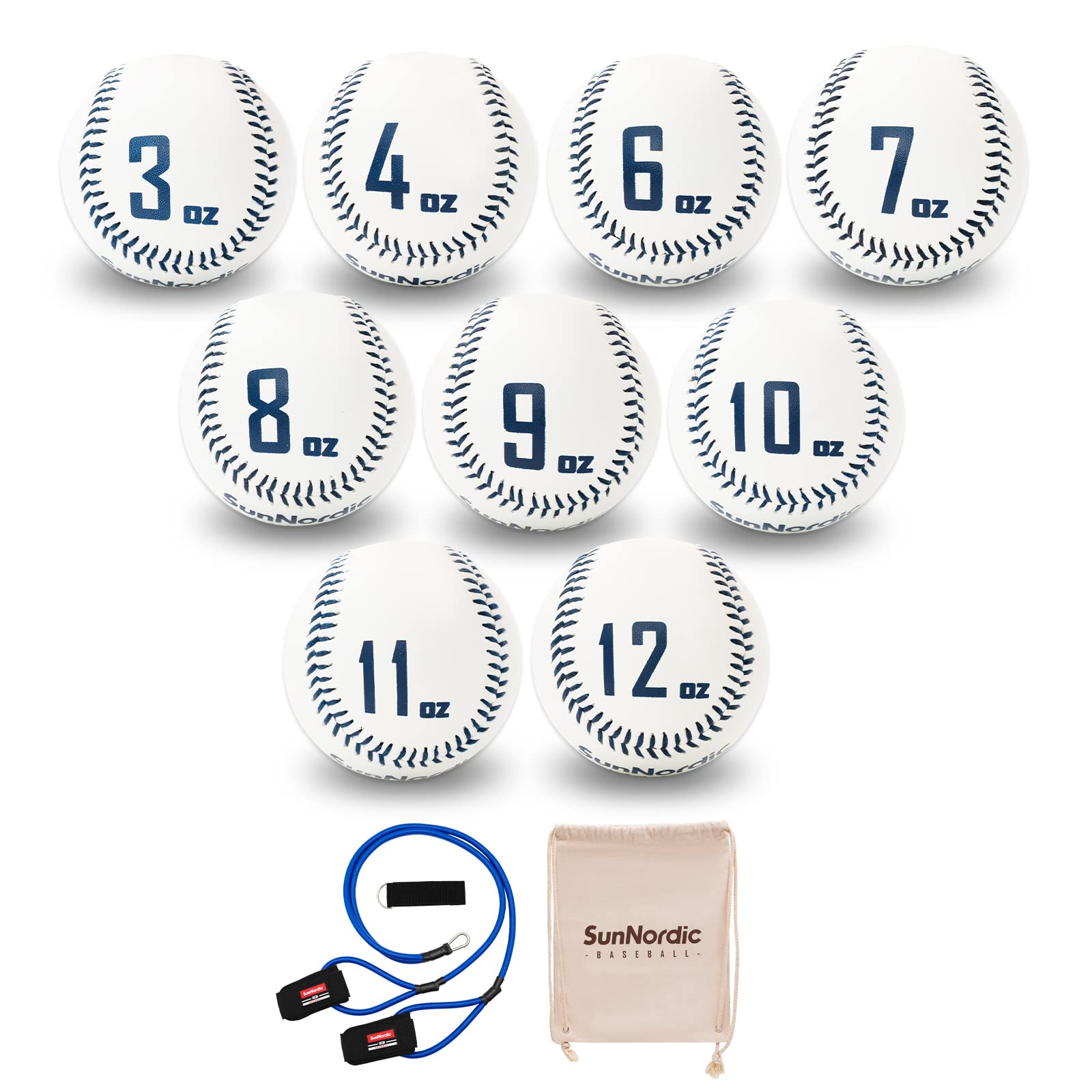 SunNordic Weighted Baseballs Set of 9, Premium Leather Baseball with Resistance Baseball Bands for Improved Power & Pitching Training - for All Skill Levels