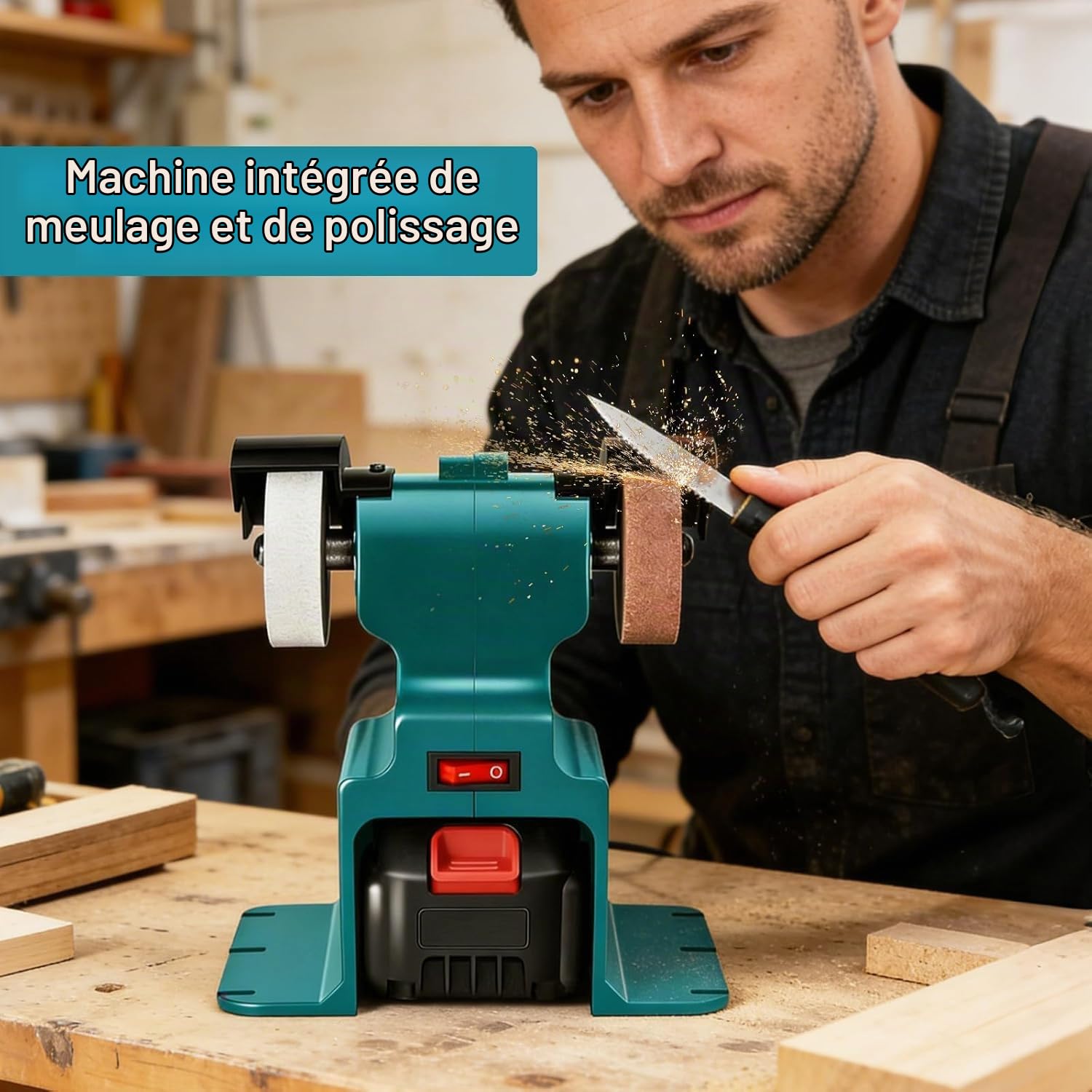 Ponceuses à Bande, Mini Meuleuse Sans Fil avec Batterie de 2400 mAh Affûteuse de Couteaux Électrique Polisseuse etite Meuleuse D'établi avec Papier de Verre Meule pour Bois MéTal