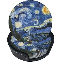 6 Pcs Starry Night Oil Painting Leather Coasters for Drinks with Holder Coaster Sets Drink Table Cup Coasters for Living Room Kitchen Coffee Decor