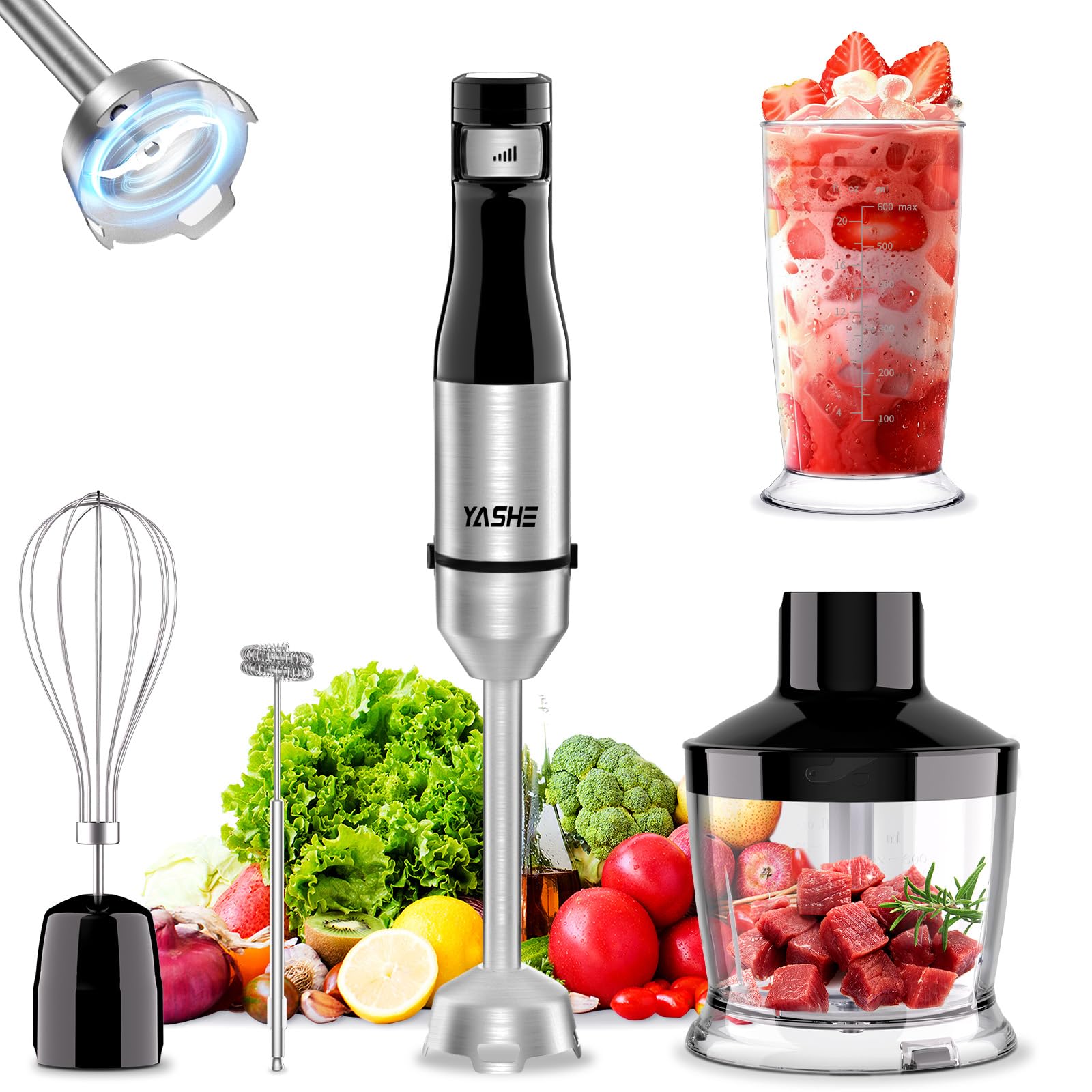 YASHE Hand Blender, 5-in-1 Stainless Steel Blender, 1000W, Variable Speed Control, Includes Chopper, Whisk, Measuring Cup - Great for Baby Food, Sauces and Soups