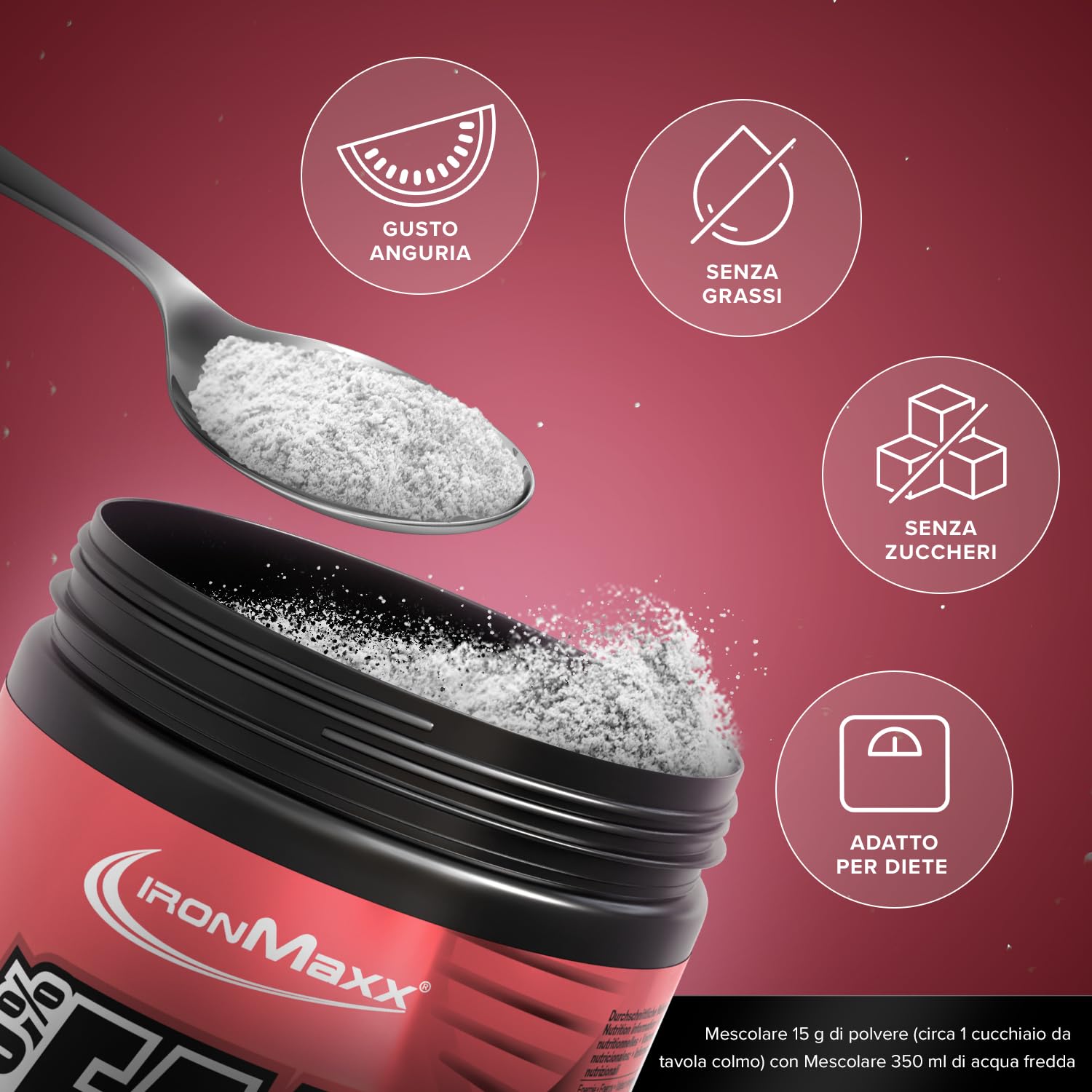IronMaxx 100% Percento EAAs ZERO Aminoacidi in polvere- integratore a base degli 8 aminoacidi essenziali con alto contenuto di BCAA- vegano- senza zuccheri- gusto: anguria- alta dose- 500g