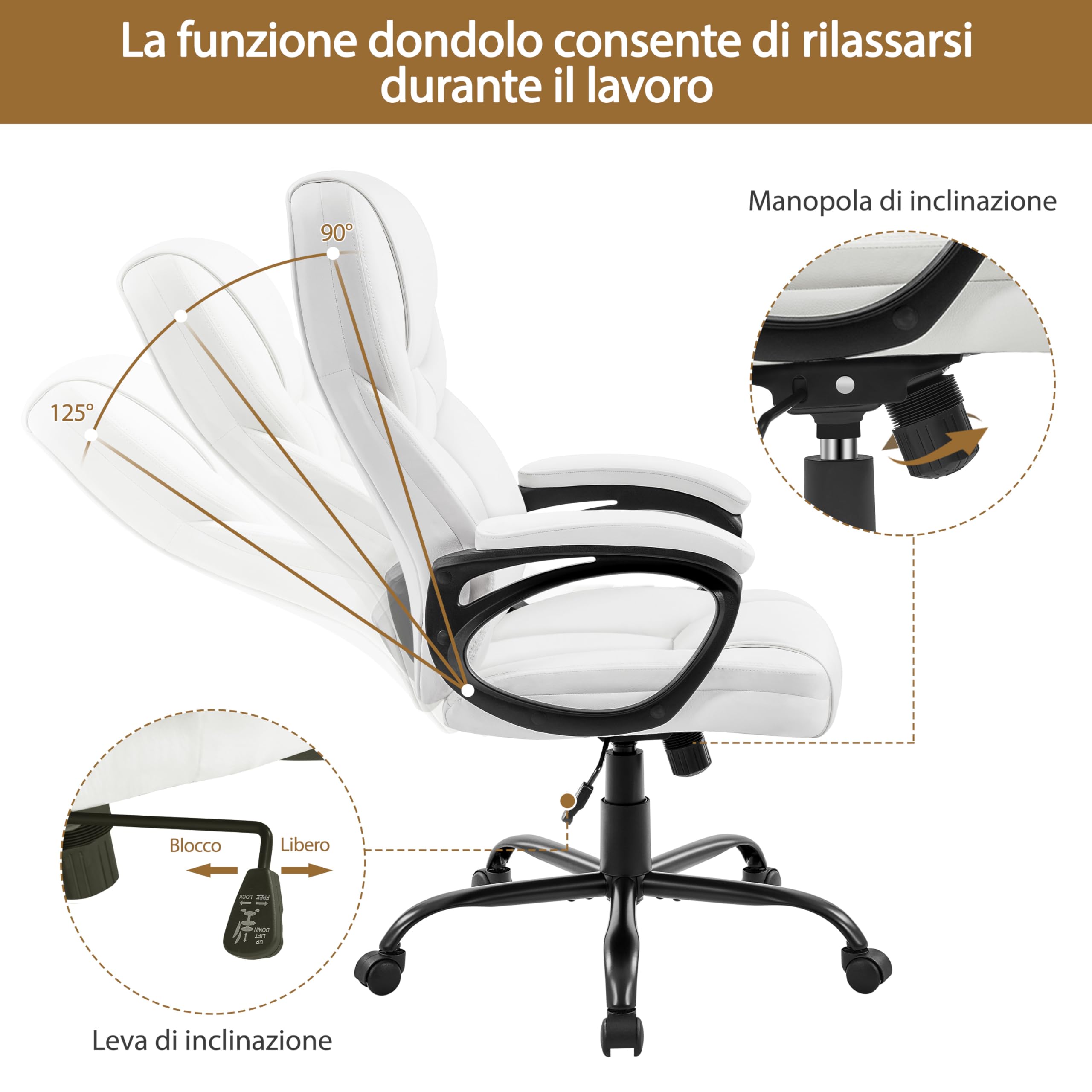 Yaheetech Poltrona Ufficio Ergonomica Presidenziale in Finta Pelle Bianca Imbottita Sedia da Scrivania a Rotelle Girevole Reclinabile a Dondolo Altezza Regolbile