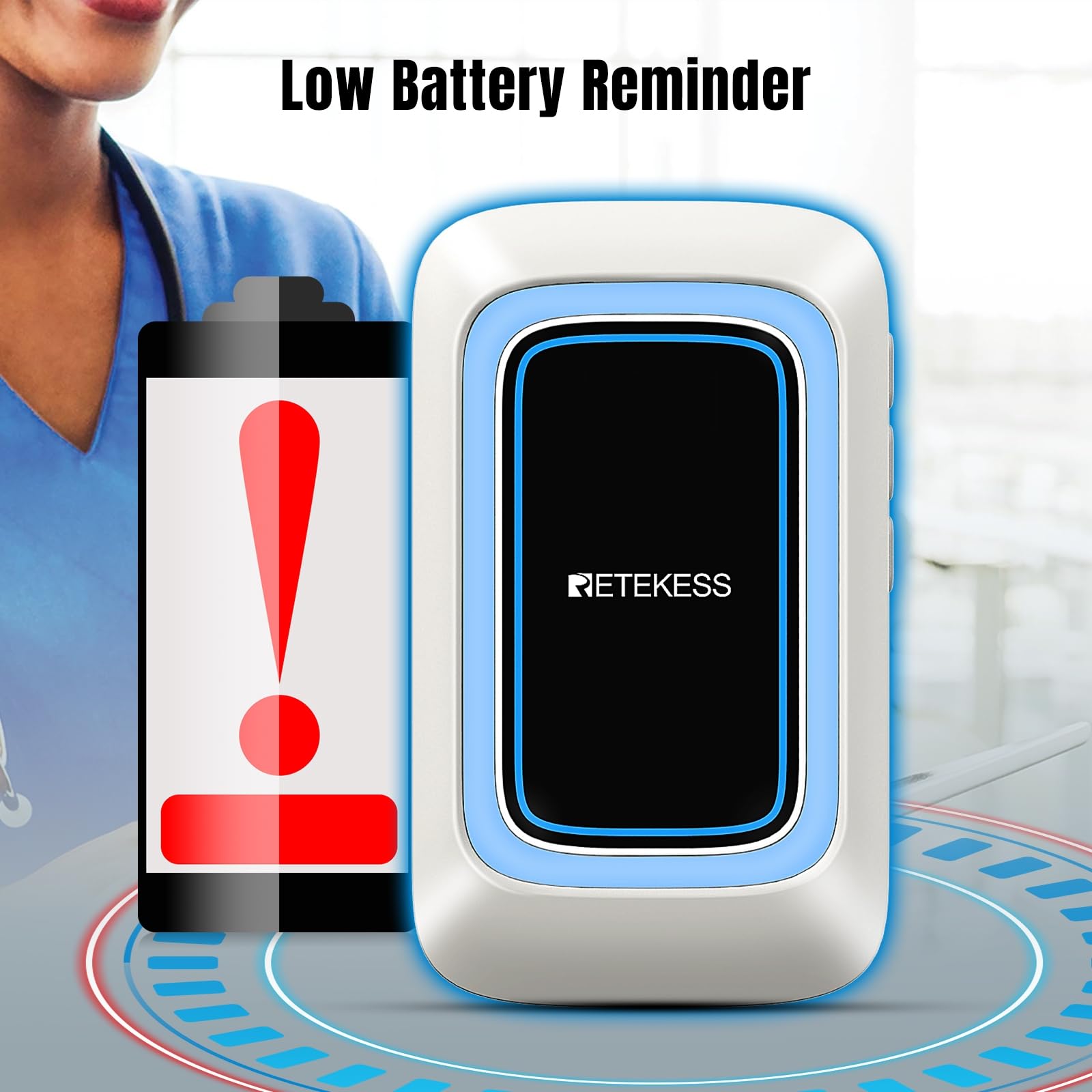 Retekess TH109 Pulsante Di Chiamata Wireless, Pulsante di Chiamata Per Anziani, Distanza di Comunicazione di 850 Piedi, Allarme Multimodale, Assistenza Domiciliare (1 Pulsante e 1 Ricevitor)