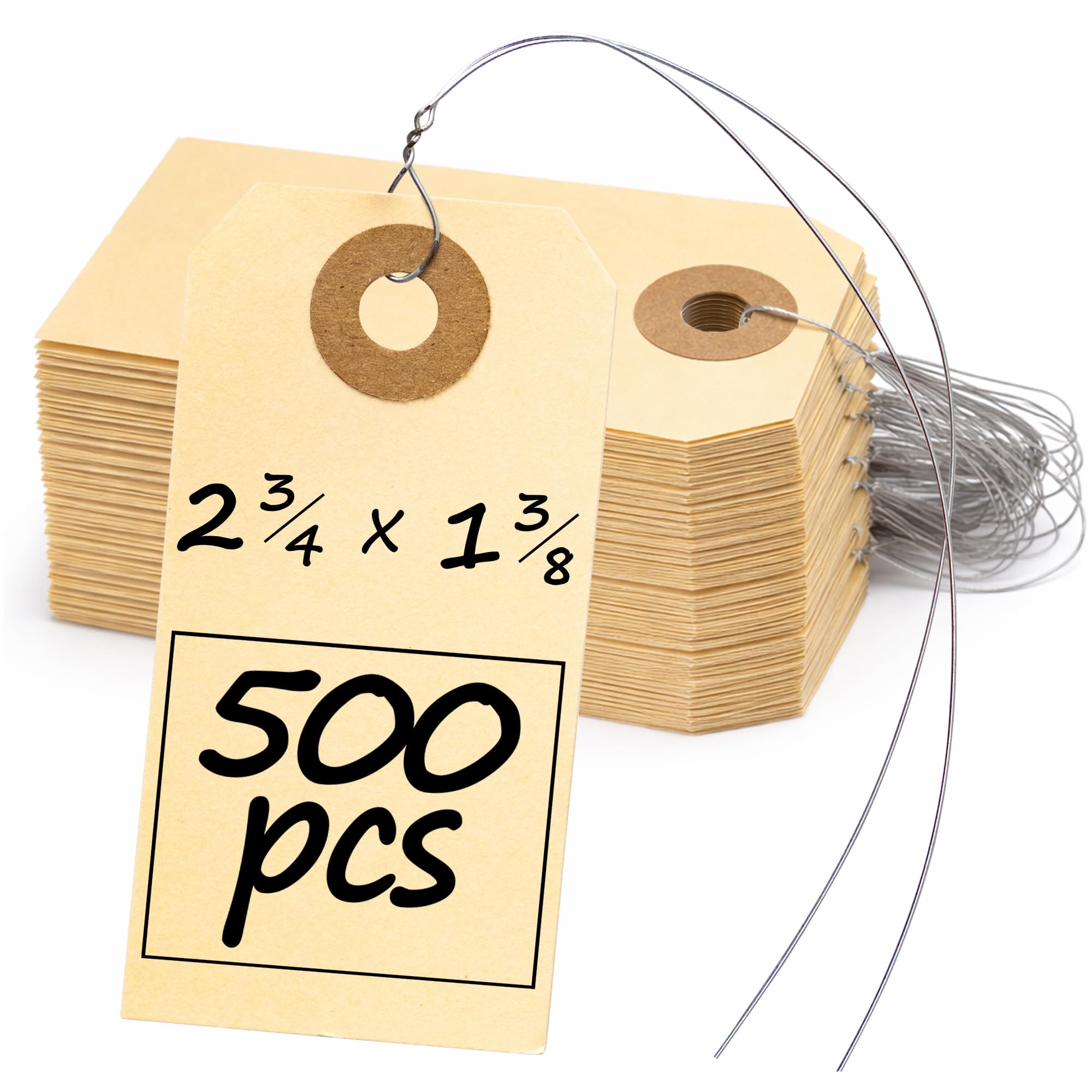 Perco Manila Shipping Tags with Metal Wires — Small Durable Blank Paper Tags 2¾″ x 1⅜″ — Ideal for Labeling and Inventory Use — Box of 500
