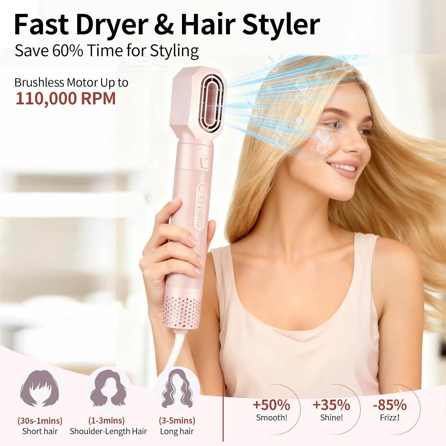 High-Speed 5 in 1 Hair Styler with Auto Curling Iron, Straightener & Volumizing Hot Air Brush |Fast Drying Ionic Blowout, No Heat Damage | Travel & Home Styling Tool (Pink) - Image 3