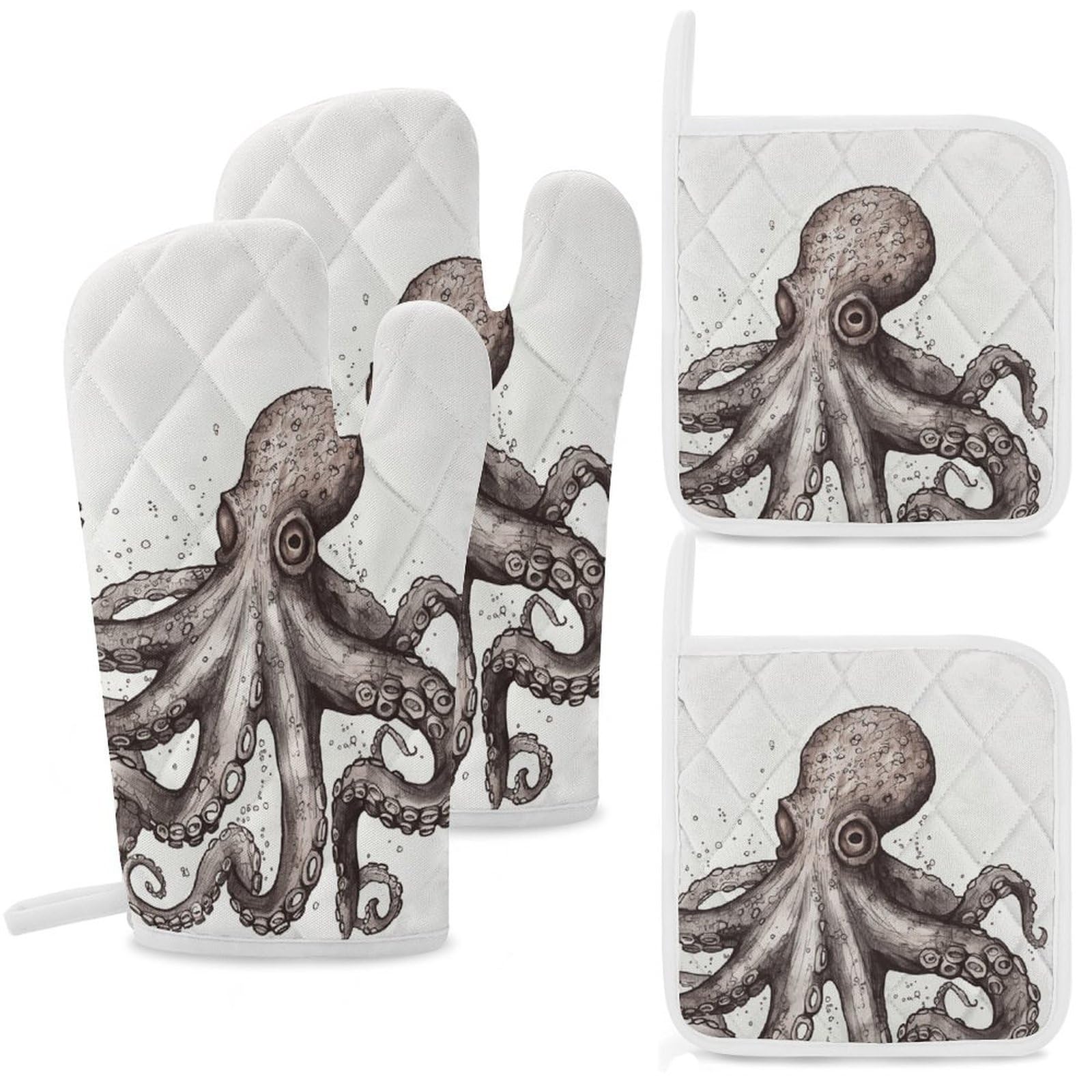 Octopus Oven Mitts and Pot Holders Sets Heat Resistant Oven Glove with Hanging Loop for Baking Cooking BBQ Thicken Potholders for Kitchen