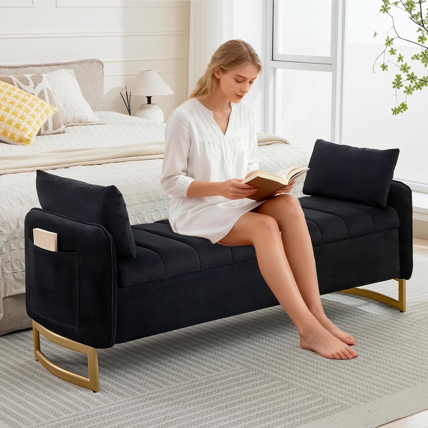 66" End of Bed Storage Bench King Size, Velvet Storage Benches for Bedroom Foot of Bed, Upholstered Storage Ottoman Bench with Golden Legs and Pillow for Living Room Window Entryway, Black