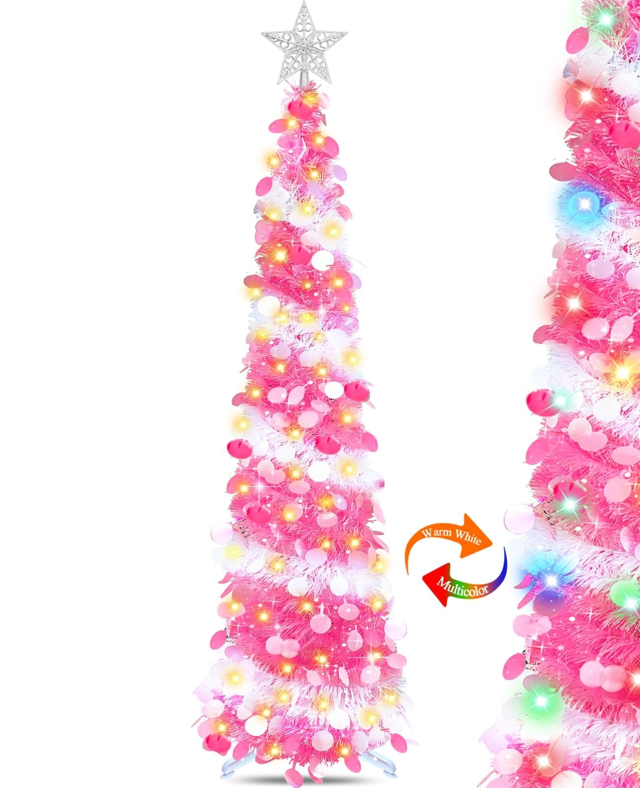 TURNMEON Valentine's Day Artificial Christmas Tree, Pink, 5FT with 50 Lights Timer 8 Modes Battery Operated, Collapsible Pop Up Tinsel Tree for Home Indoor Party Decor