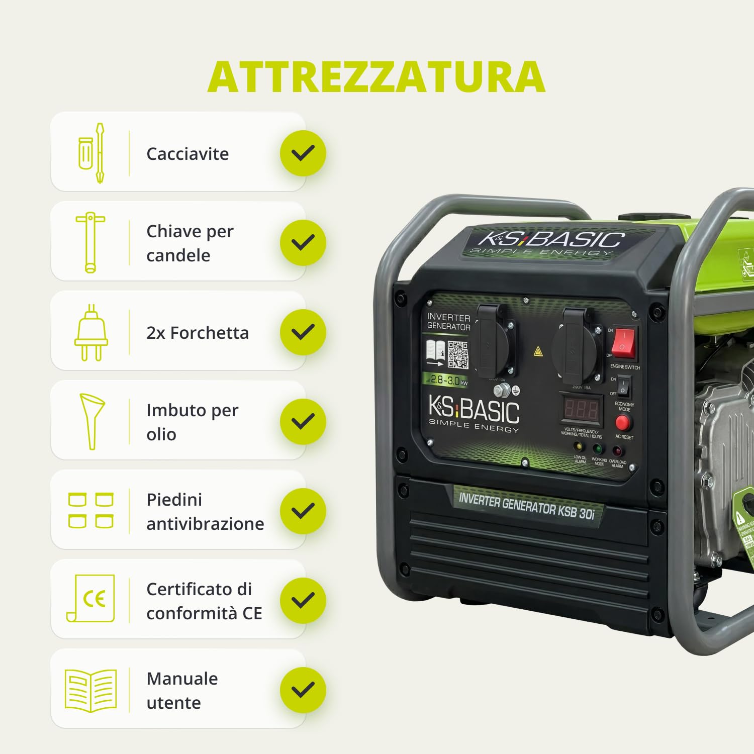 K&S Basic 30i Generatore inverter, 2800 W, potenza nominale 3000 W massima, generatore di emergenza a benzina, onda sinusoidale pura, modalità ecologica, generatore di corrente per casa, campeggio e