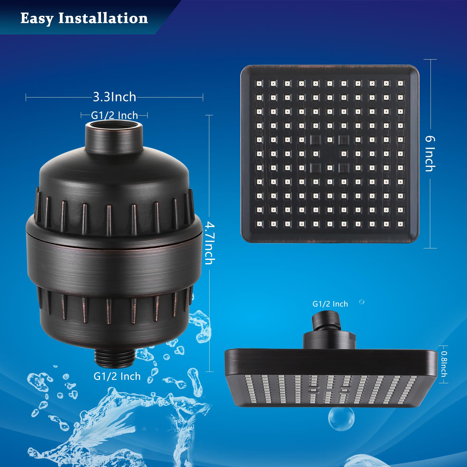 set soffione doccia filtrato ad alta pressione, filtro a pioggia da 15,2 cm, per acqua dura, soffione quadrato universale, filtraggio a 20 fasi, rimuove le impurità per la pelle ringiovanita di