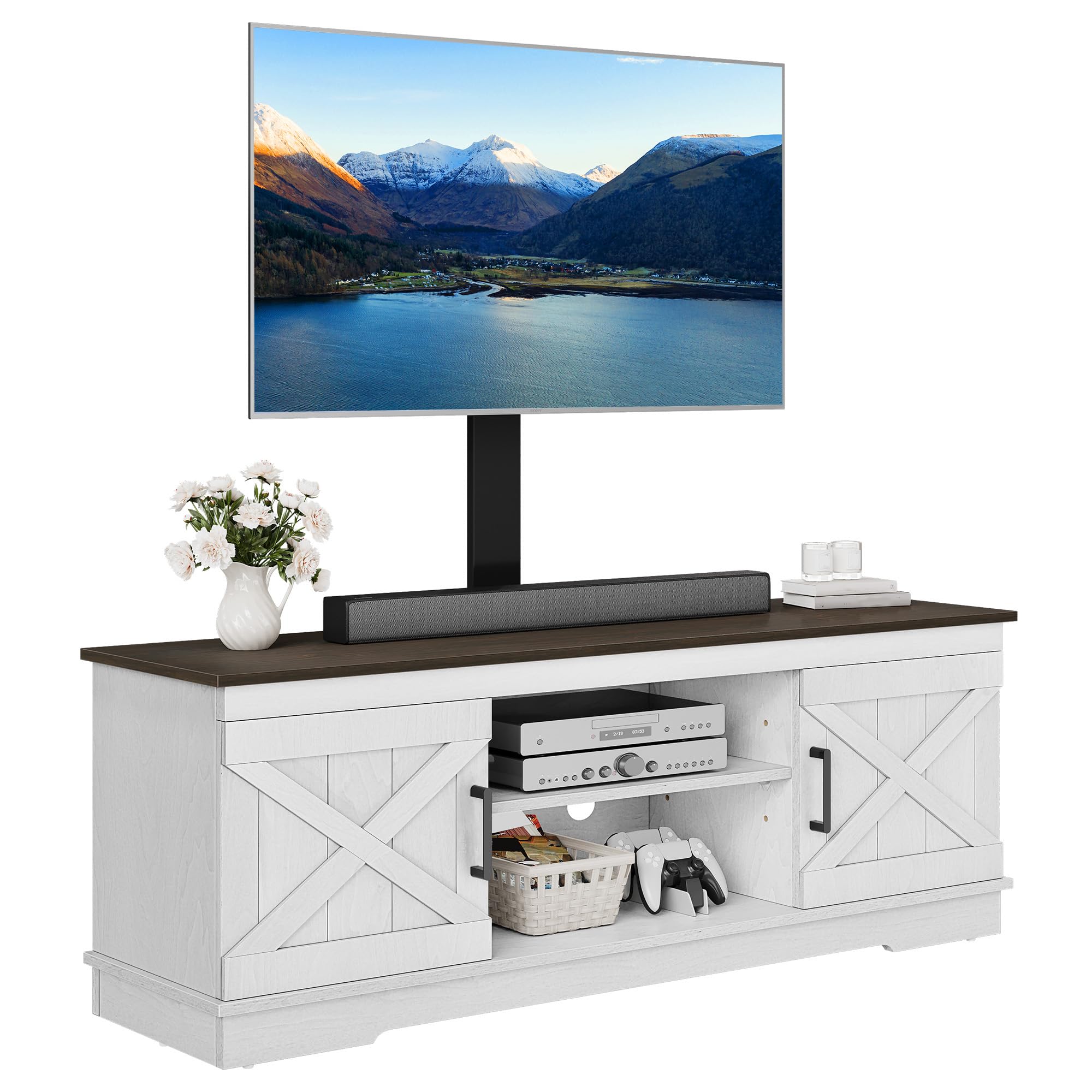 YITAHOME TV Stand with Mount for Living Room, Farmhouse TV Stand for 70 inch TV Entertainment Center, Media Console with Height Adjustable Mount, Grey White & Espresso