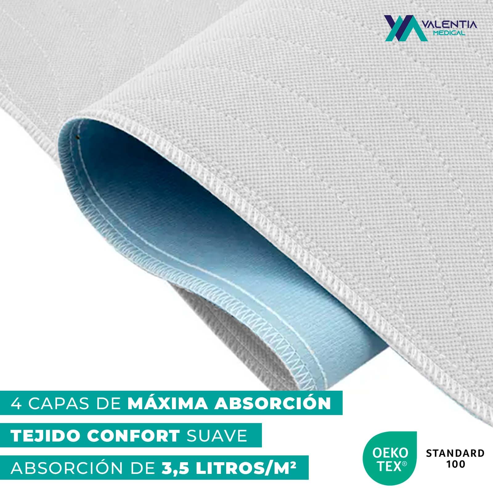 Empapador de Cama Lavable 135cm – Impermeable, Transpirable y Reutilizable - Protector de Colchón con Alta Absorción y Alas Laterales – 200 Lavados | Valentia Medical