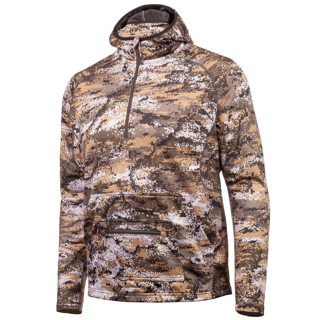 Huntworth Shelton Men’s ½ Zip Hunting Hooded Pullover with face mask, Disruption Camo, Medium