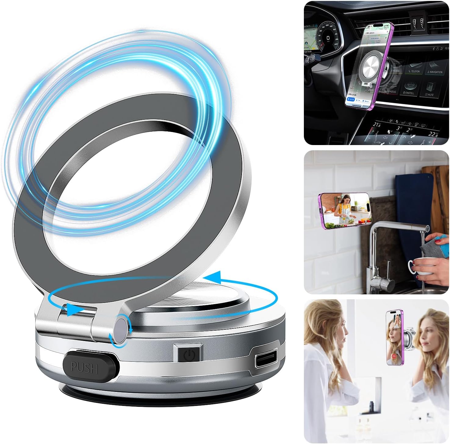 AICase Car Electric Suction Cup Vacuum Magnetic Phone Holder, 360° Rotatable Compatible with MagSafe, Magnet Cell Phone Car Mount for iPhone & Android, Includes Adhesive Pad for Uneven Surfaces